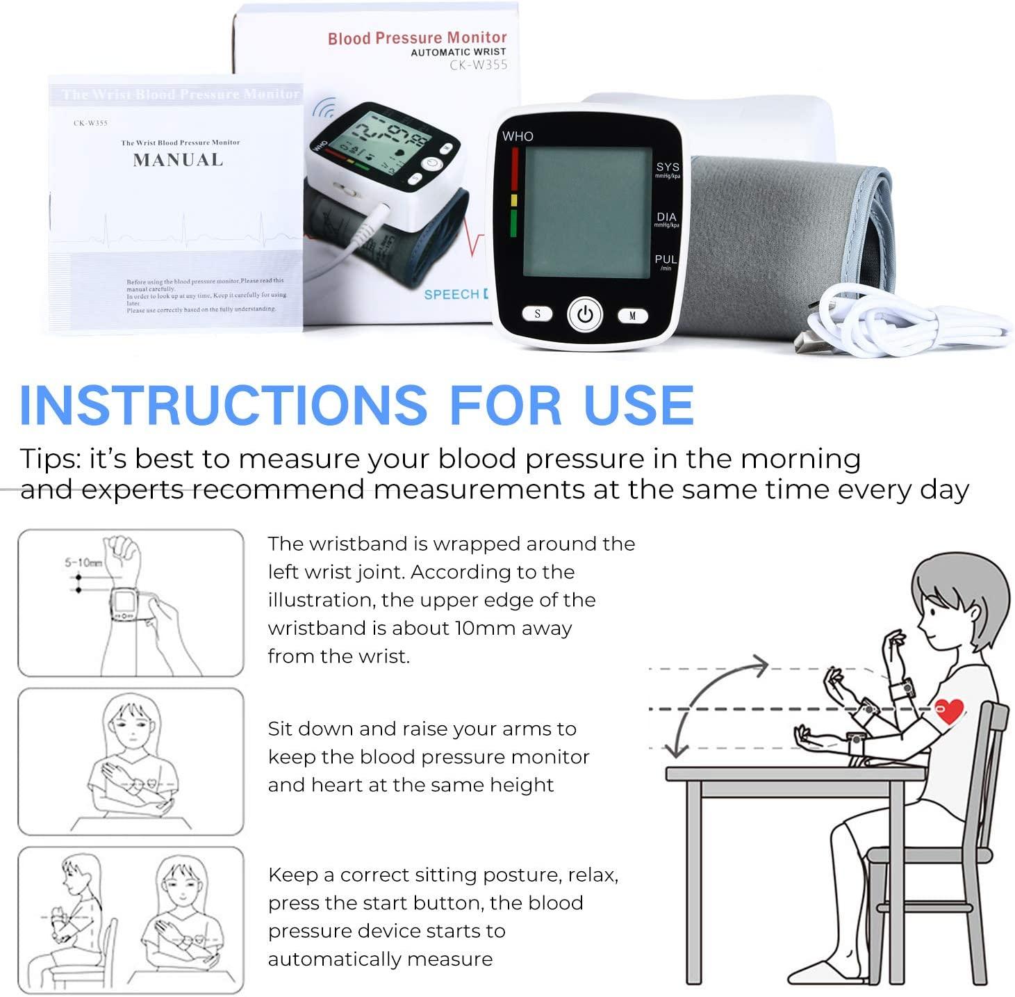 Blood Pressure Monitor Wrist Automatic Blood Pressure Cuff with Voice 2x90  Memory Rechargeable BP Machine Large LCD Display(5.3-7.7Cuff) Carrying  Case