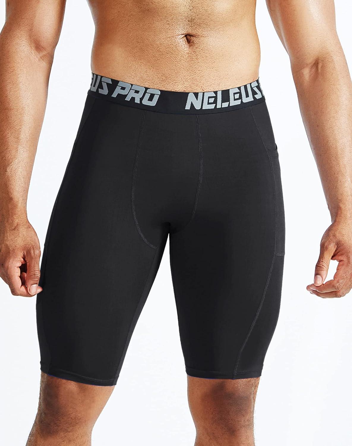 NELEUS Men's Compression Short with Pocket Dry Fit Yoga Shorts Pack of 3  Medium 6063 Black/Grey/Navy Blue 3 Pack