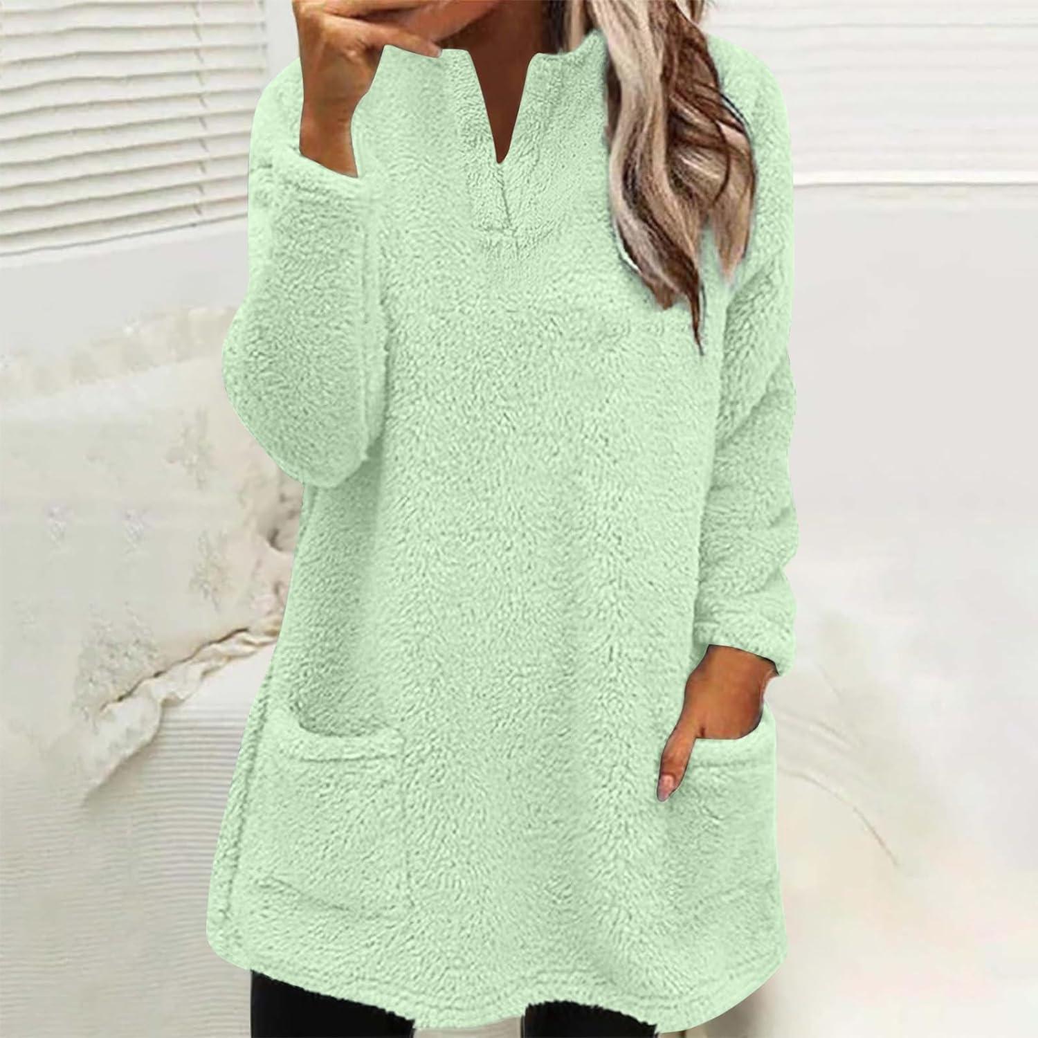 AMhomely Ladies Womens Soft Teddy Fleece Hooded Jumper Plus Size Double  Fleece Casual Hoodies With Pocket V Neck Soft Fleece Hooded Sweatshirts  Plain Pullover Tops Winter Lightweight Lounge Tops 03 Green M