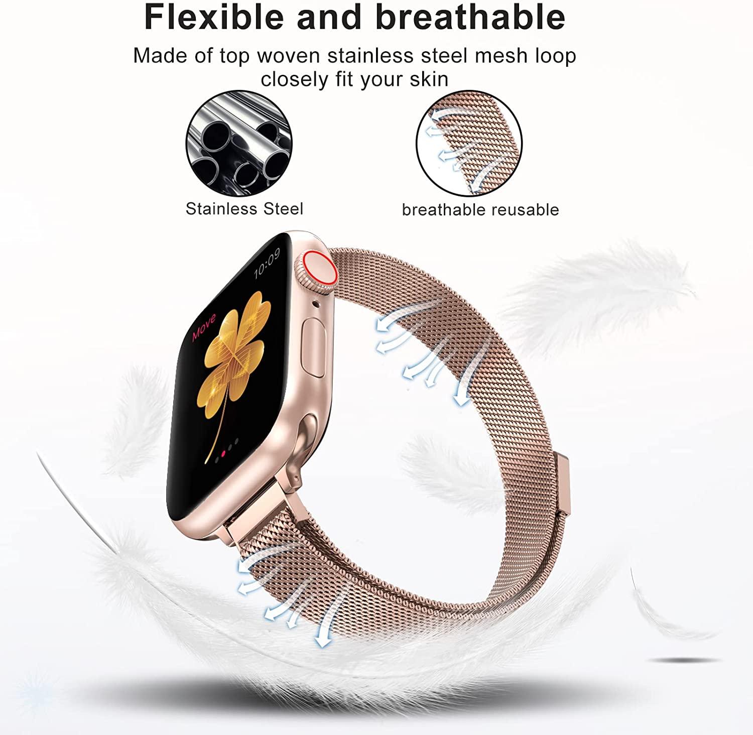 Lelong Slim Watch Band Compatible with Apple Watch Band 38mm 40mm 41mm 42mm 44mm 45mm 49mm Women & Men, Stainless Steel Mesh Loop Magnetic Clasp