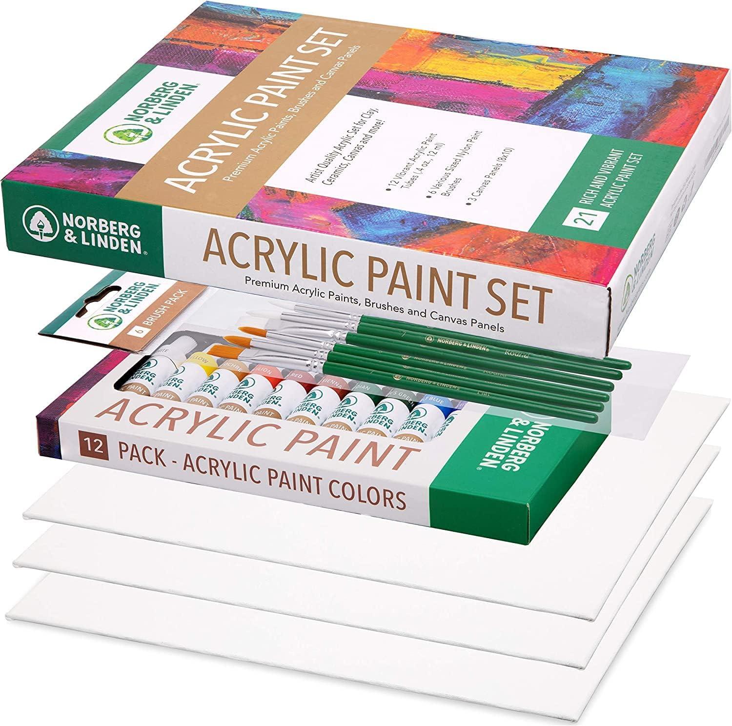 Acrylic Paint Set for Kids, Artists and Adults - 12 Vibrant Colors, 6  Brushes and 3 Paint Canvases - Perfect for Beginners or Professionals
