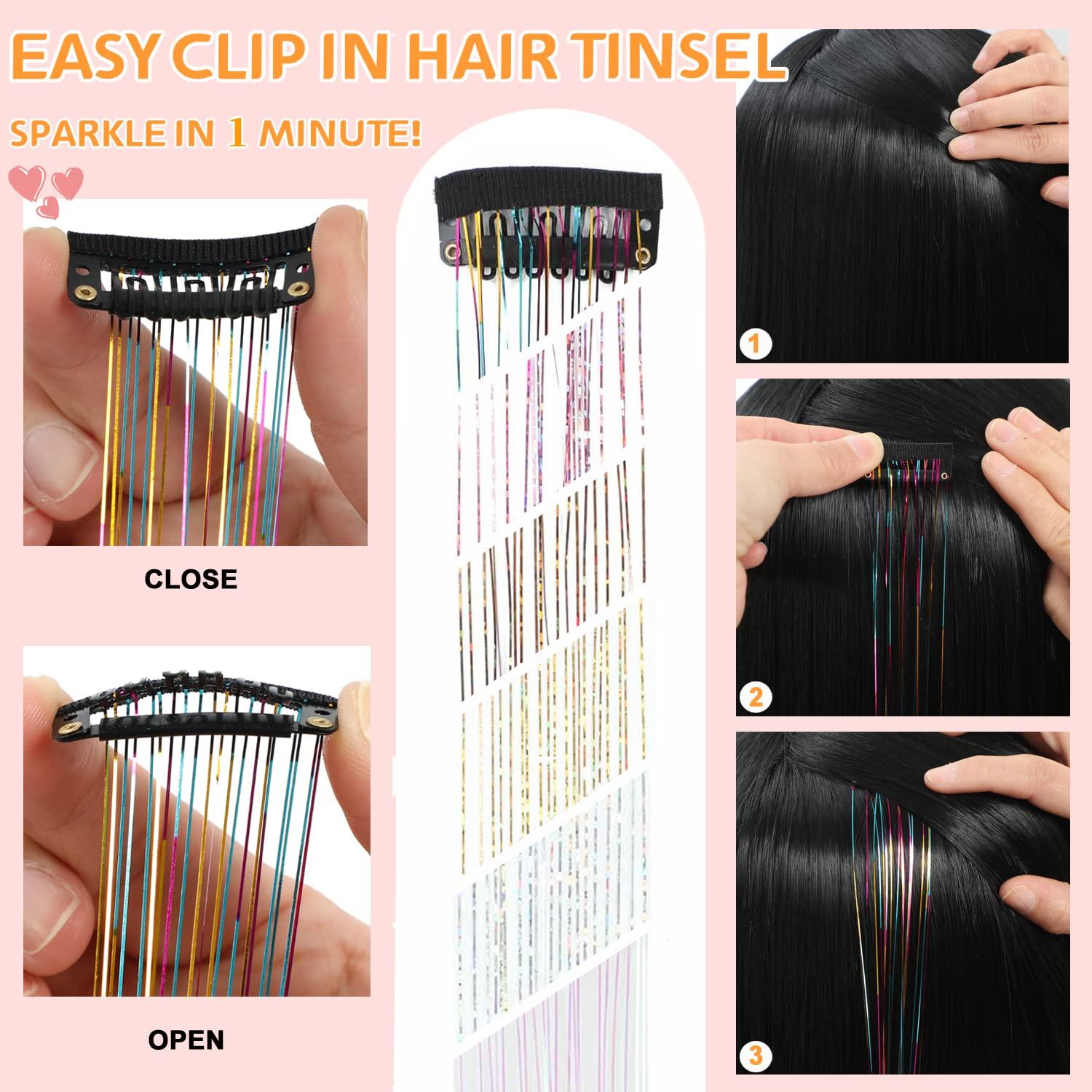 6 Pcs 96 ThreadsClip In Hair Tinsel Kit Glitter Fairy Tinsel Hair