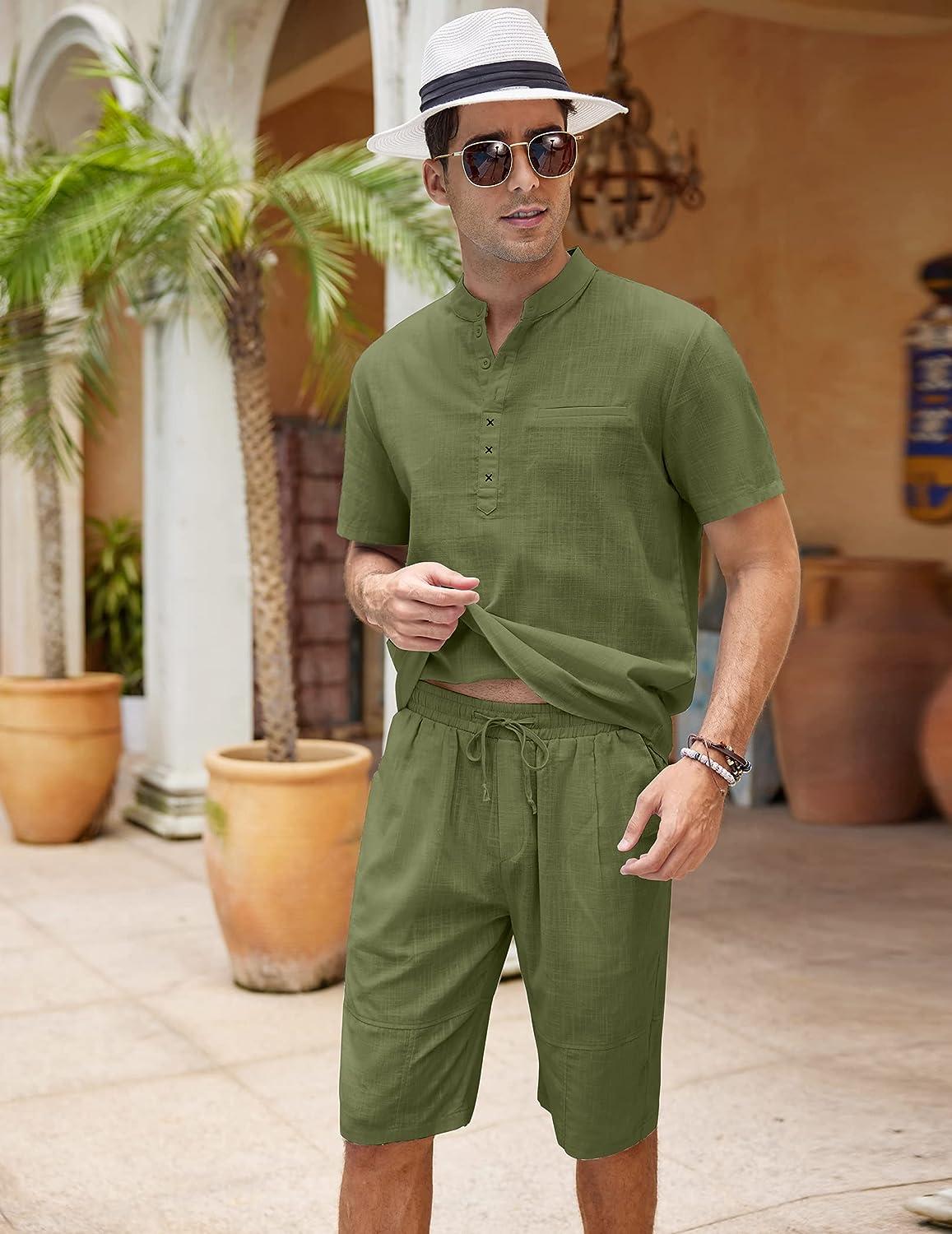 COOFANDY Men's 2 Piece Linen Set Short Sleeve Henley Shirts and Shorts  Summer Beach Yoga Pants Set Army Green XX-Large