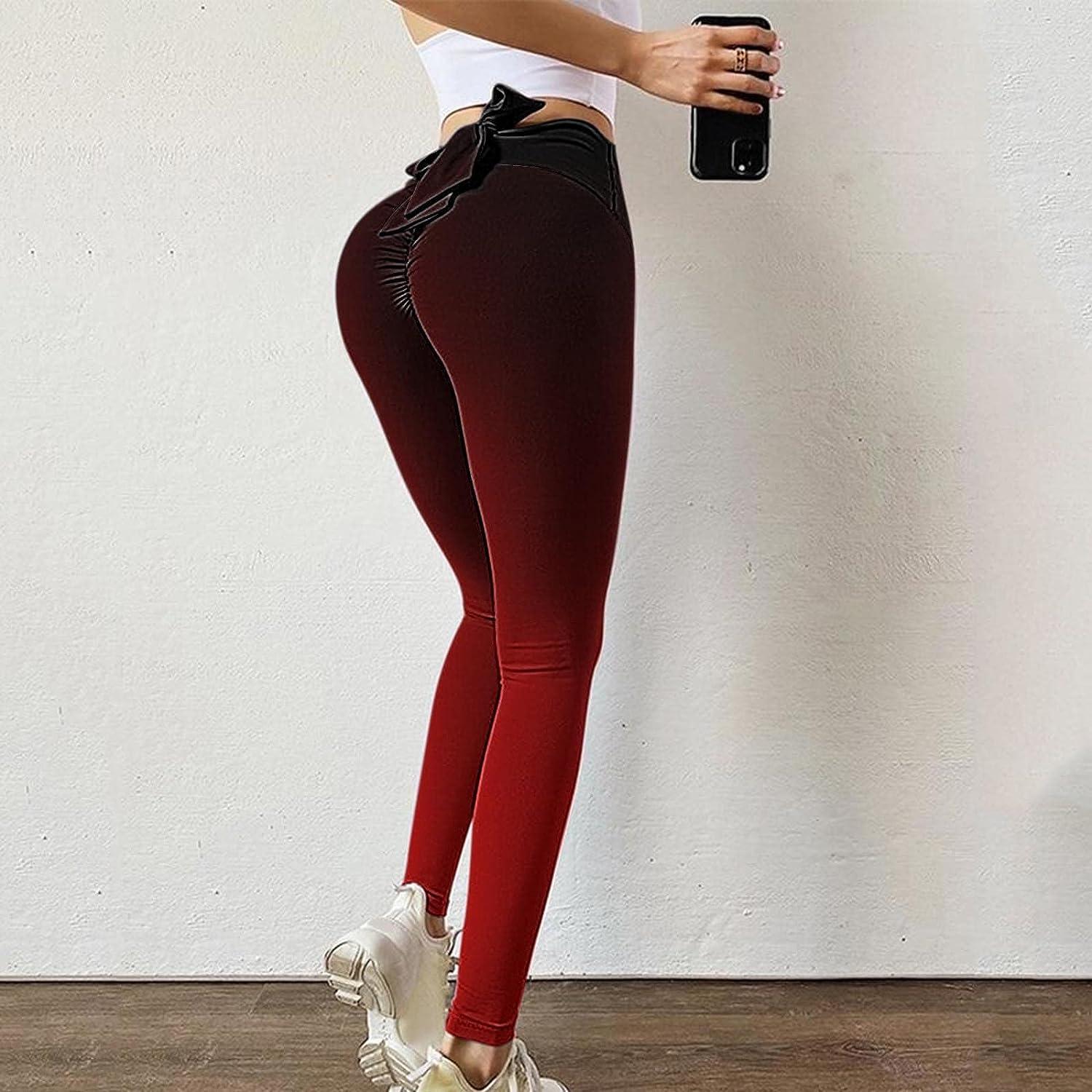 Sexy Bow Tie Workout Leggings High Waist Booty Ruched Yoga Pants Gradual  Slim Footless Butt Lift Athletic Compression Tights Red Medium