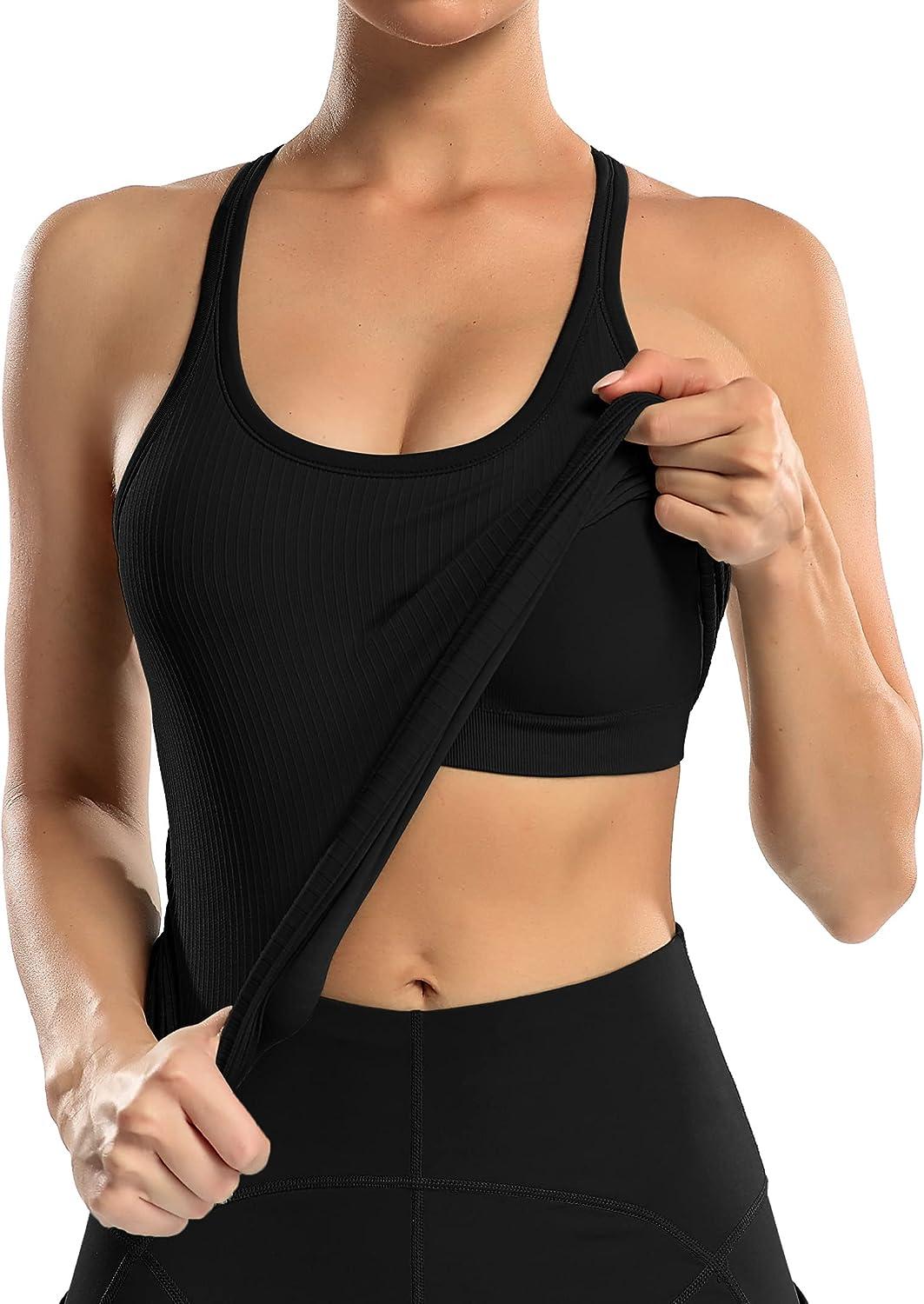 Ribbed Workout Short Racerback Tank Tops for Women with Built in Bra