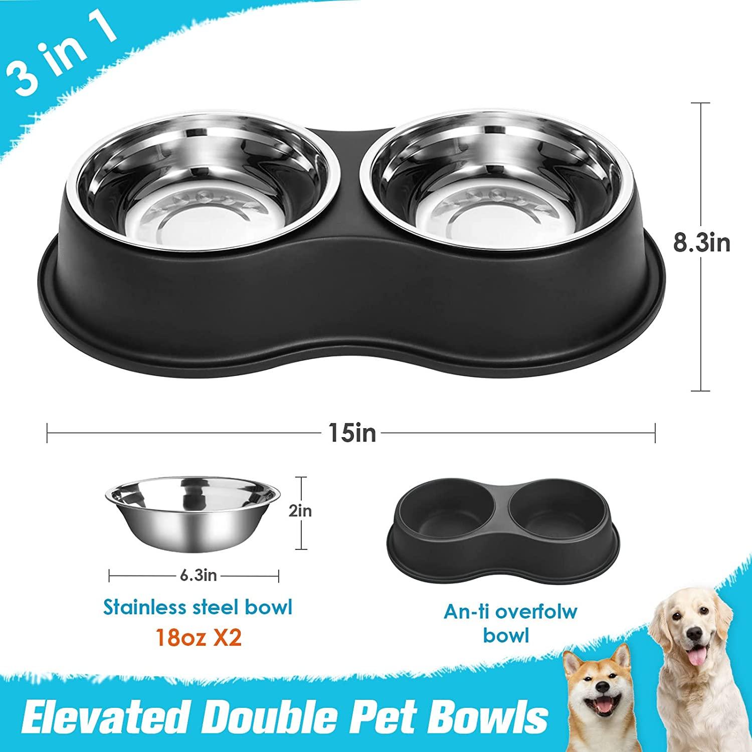 Double Dog Bowl - Double Stainless Steel Dog and Cat Food and Water Bowl -  Raised Puppy Food and Water Bowls - Non-Slip Pet Bowl for Dog and Cat