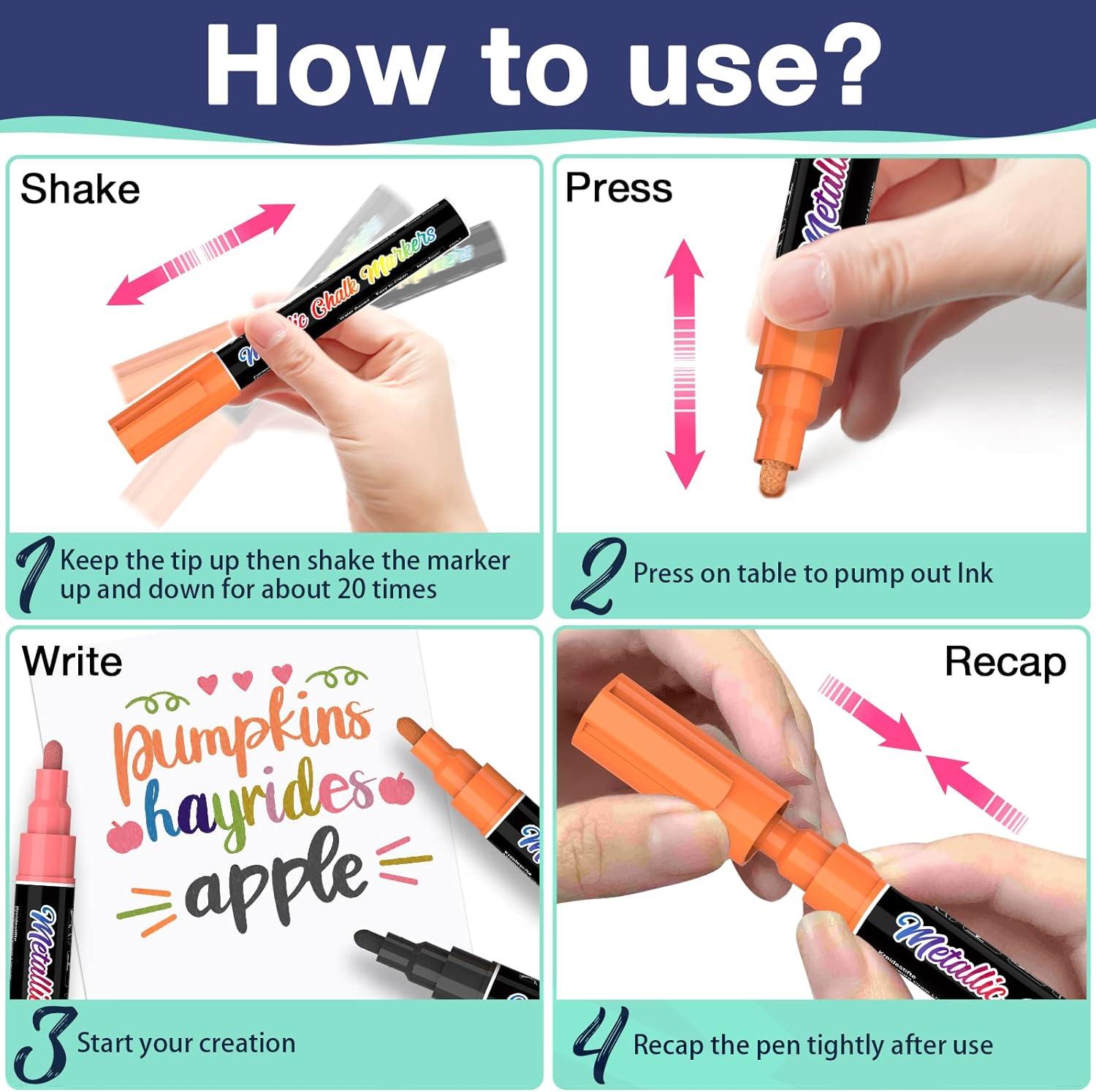 Metallic Chalk Markers (10 Pack) Liquid Chalk Pens - For Blackboards,  Chalkboard, Bistro Menu, Window, 6mm Reversible Tip