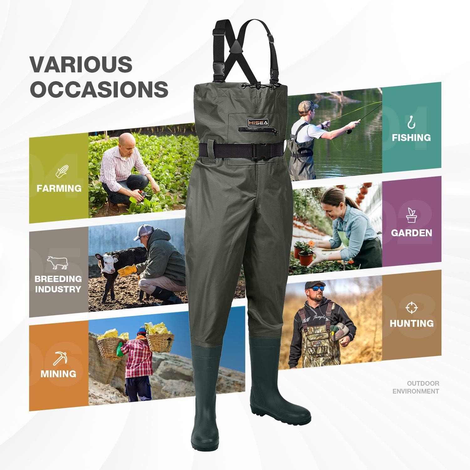 HISEA Upgrade Chest Waders Fishing Waders for Men with Boots Waterproof  Lightweight Bootfoot Cleated 2-Ply Nylon/PVC Green 13