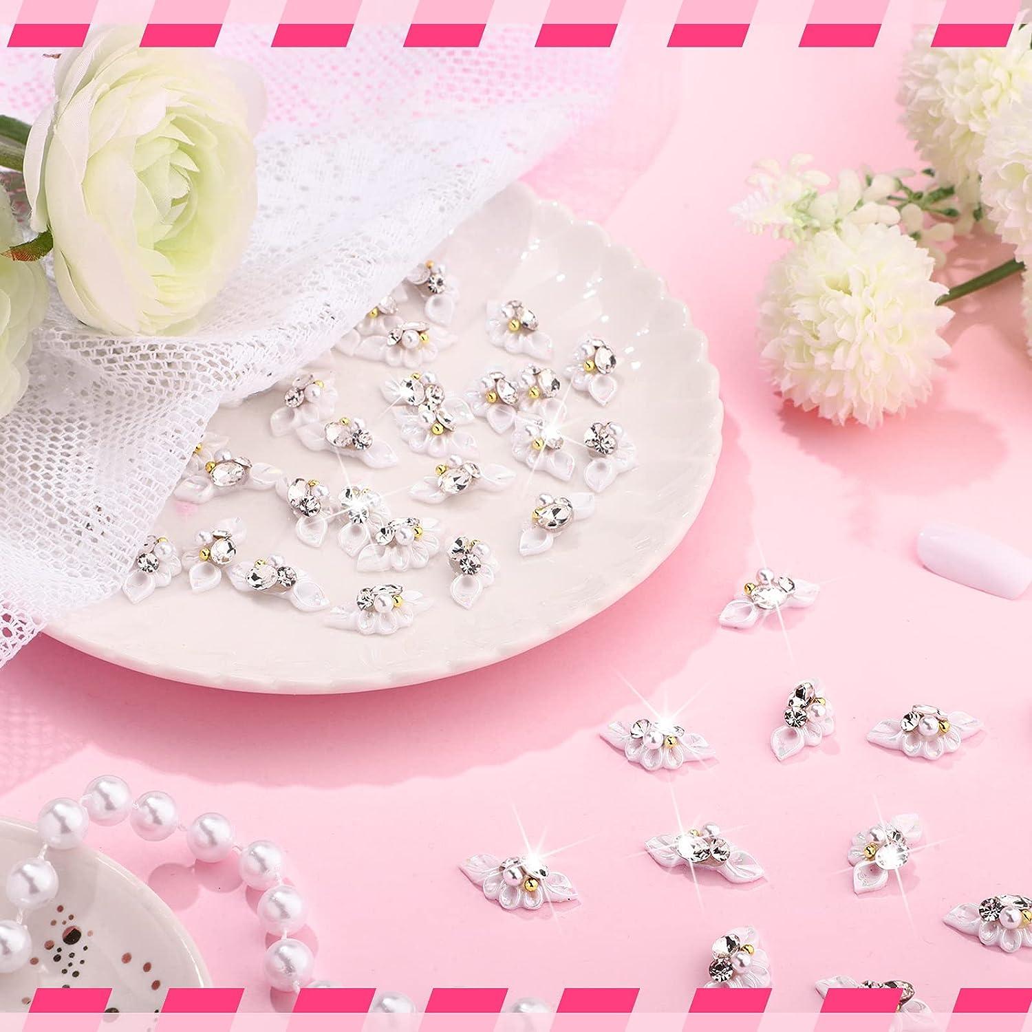 50 Pcs 3D Acrylic Flower Nail Charms Fourth of July Star Nail Charm for Nail  Gems and Rhinestones with Pearl Beads Crystals Nail Blossom Spring Nail  Supplies for DIY (White Flower Style)