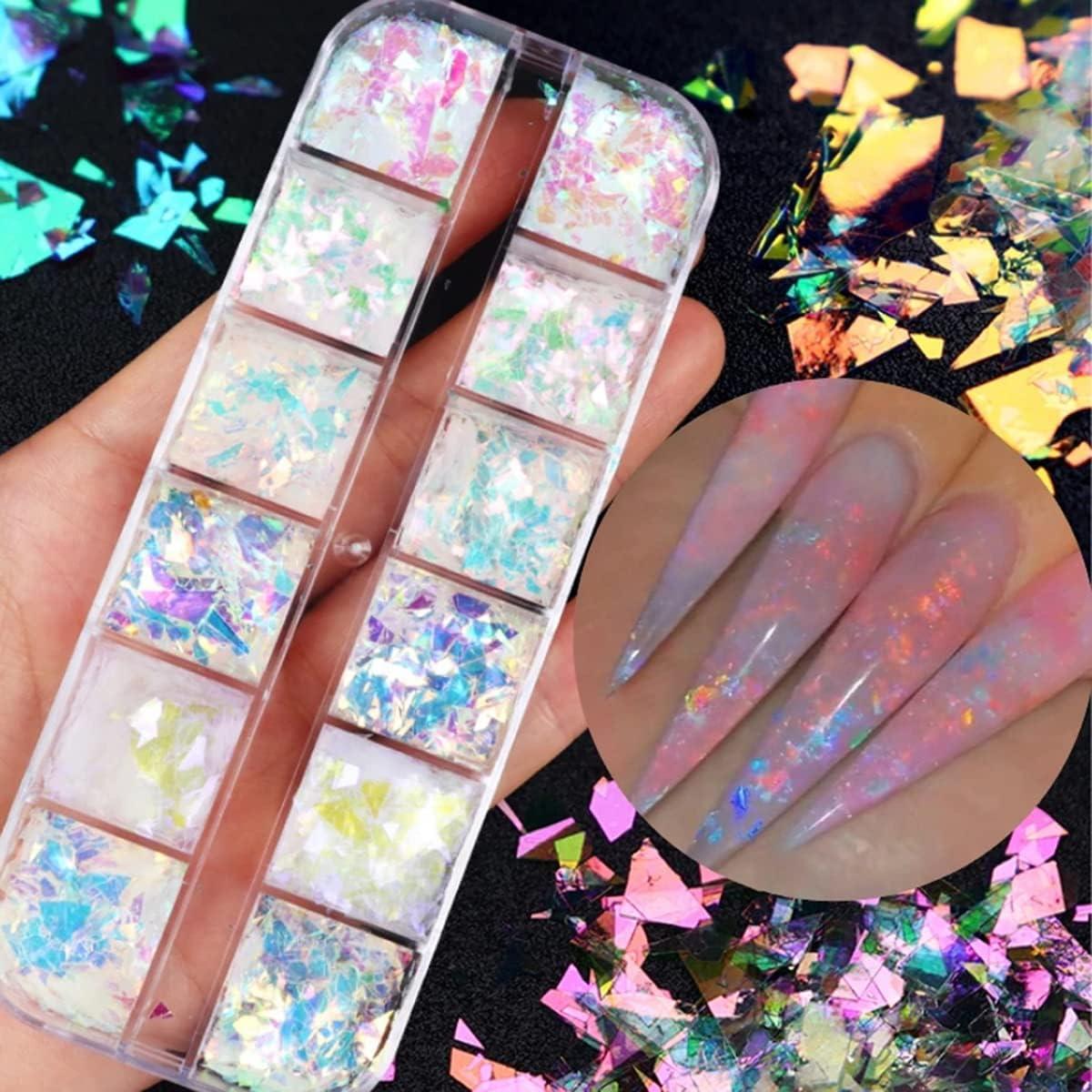 Holographic Nail Foil Flakes, 12 Grids Nail Foil Glitter Flakes Irregular  Nail Art Glitter Sequins for Acrylic Nails Design
