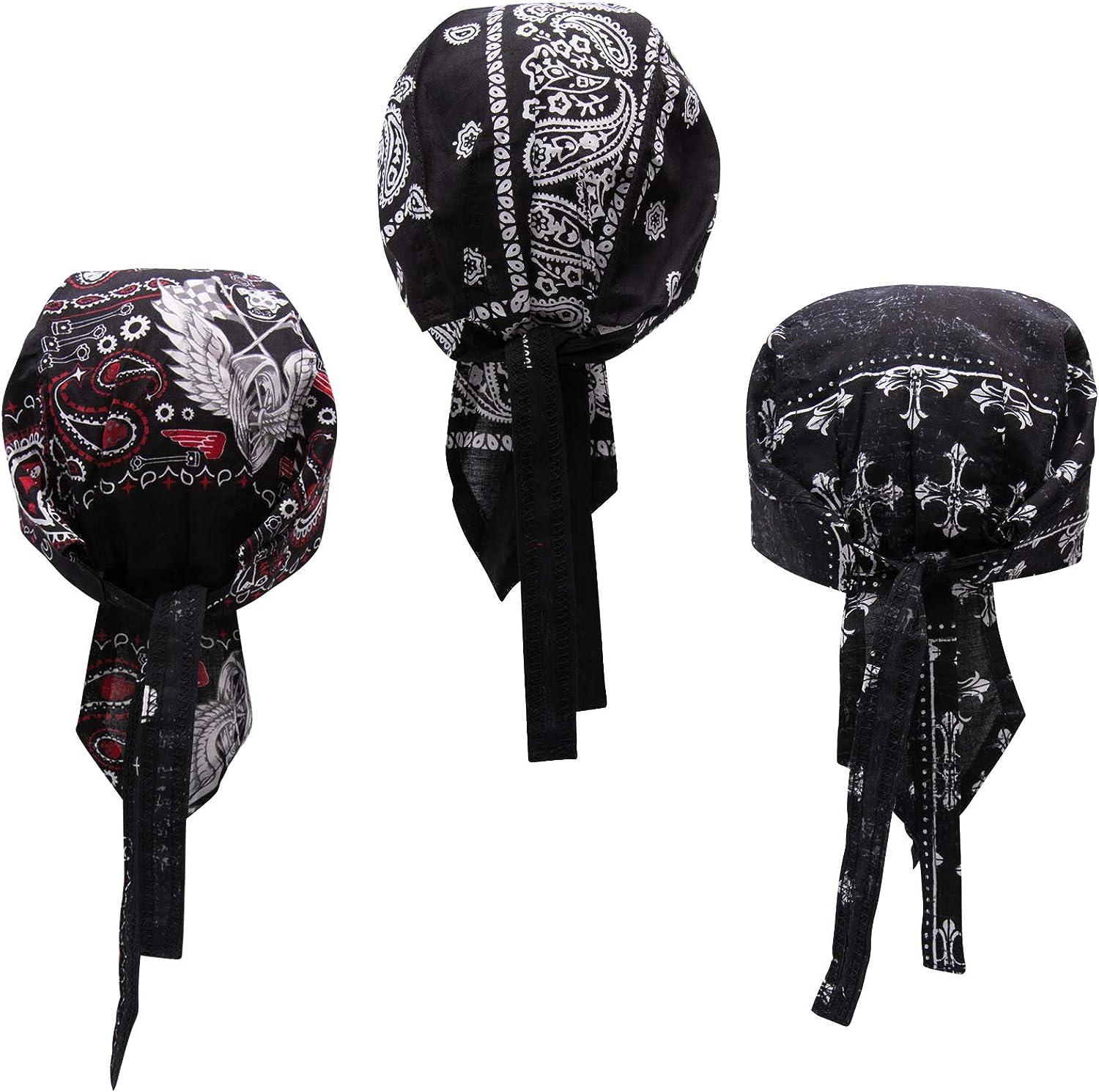 Elephant Brand Skull Caps 100% Cotton in Patterned and Plain Colors, Pack  of 3 Biker 2