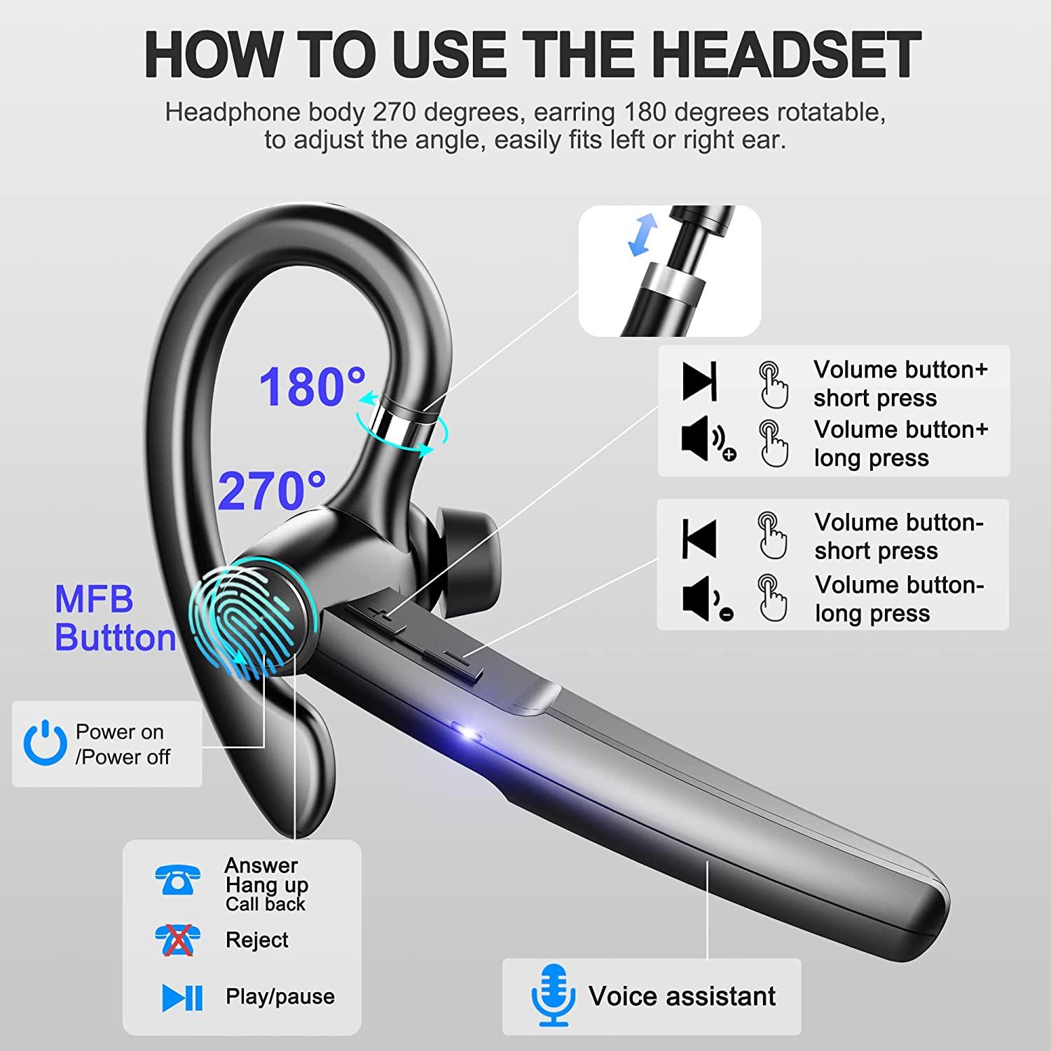 Bluetooth Headset with Microphone,48Hrs V5.3 Handsfree Wireless Headset  Bluetooth Earpiece for Cell Phone/Business/Office/Driving/Trucker Driver, Bluetooth Headphones Earbuds for iPhone Android Samsung Black