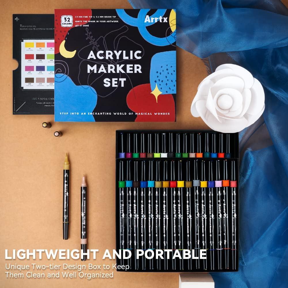 Arrtx 32 Colors Fine&Brush Dual Tips Acrylic Markers Permanent DIY Paint Pen  for Canvas Glass Ceramic Stone Wood Rock Painting