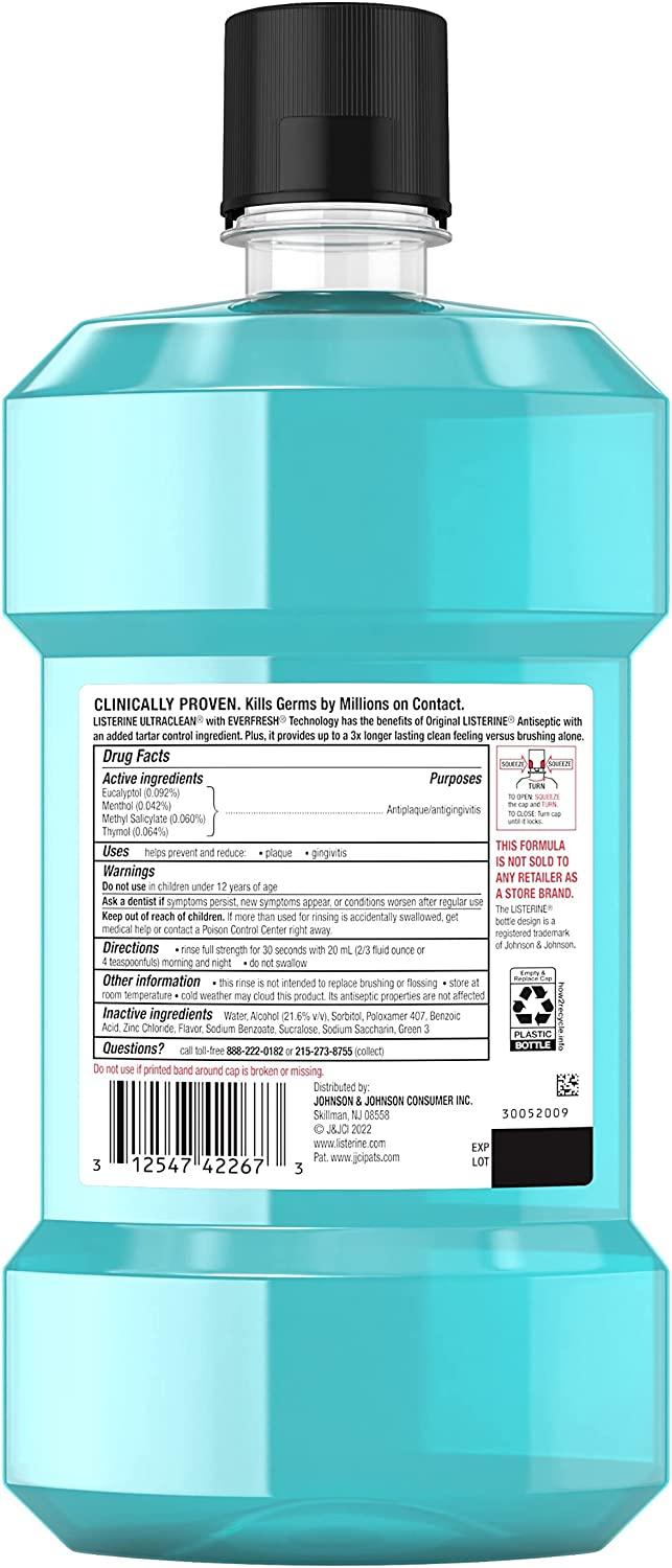 Listerine Ultraclean Oral Care Antiseptic Mouthwash, Everfresh Technology  to Help Fight Bad Breath, Gingivitis, Plaque & Tartar, ADA-Accepted Tartar  Control Oral Rinse, Cool Mint, 1 L 33.8 Fl Oz (Pack of 1)