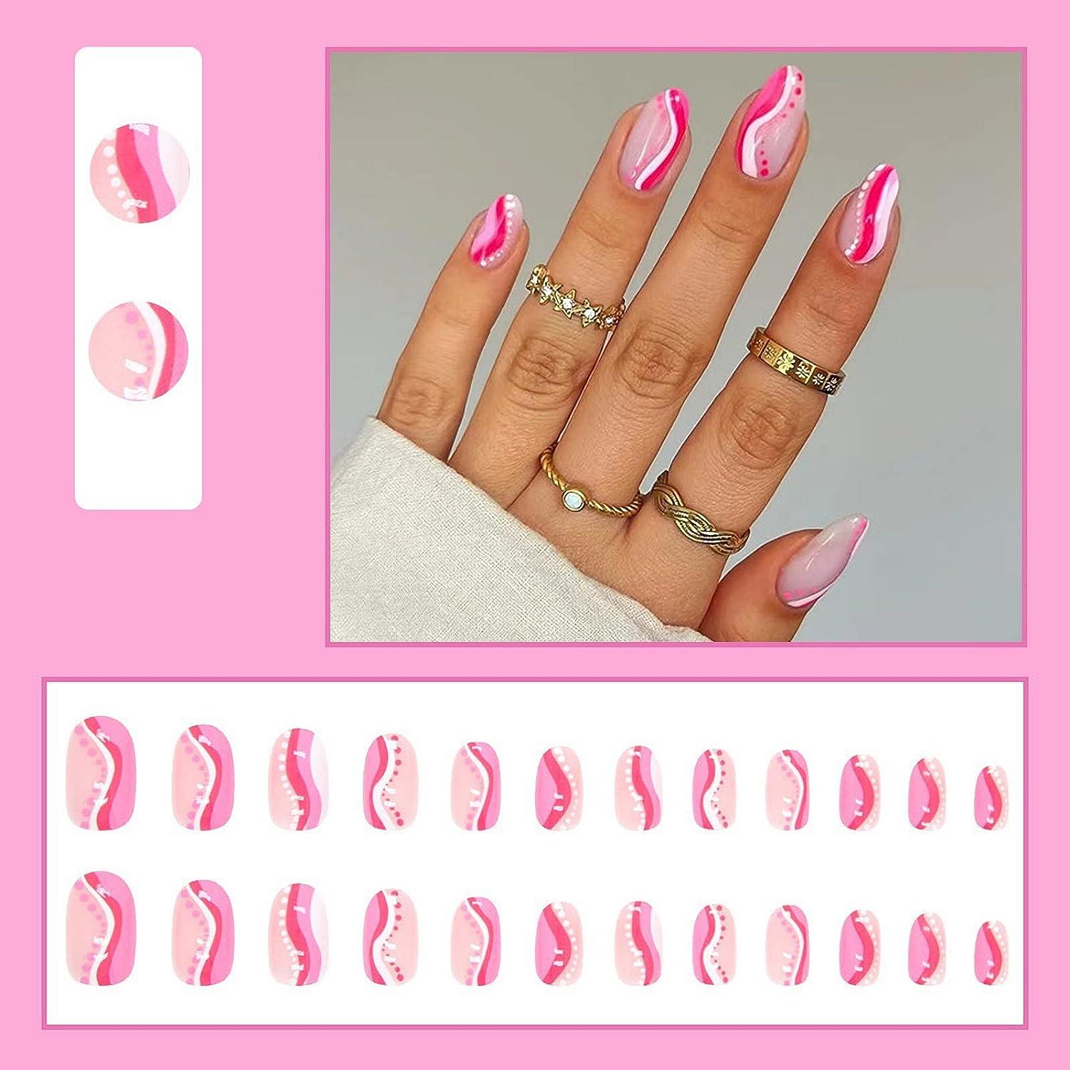 MISUD Round Press on Nails Short Fake Nails Pink Wave Point Oval