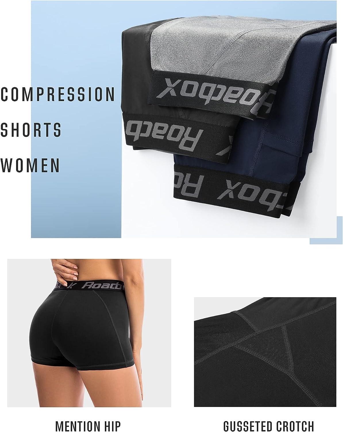 Roadbox Compression Shorts Women 3/5 Volleyball Shorts with Pocket/Non- Pocket Cool Dry for Running Workout Yoga Swimming Black+black+black Medium