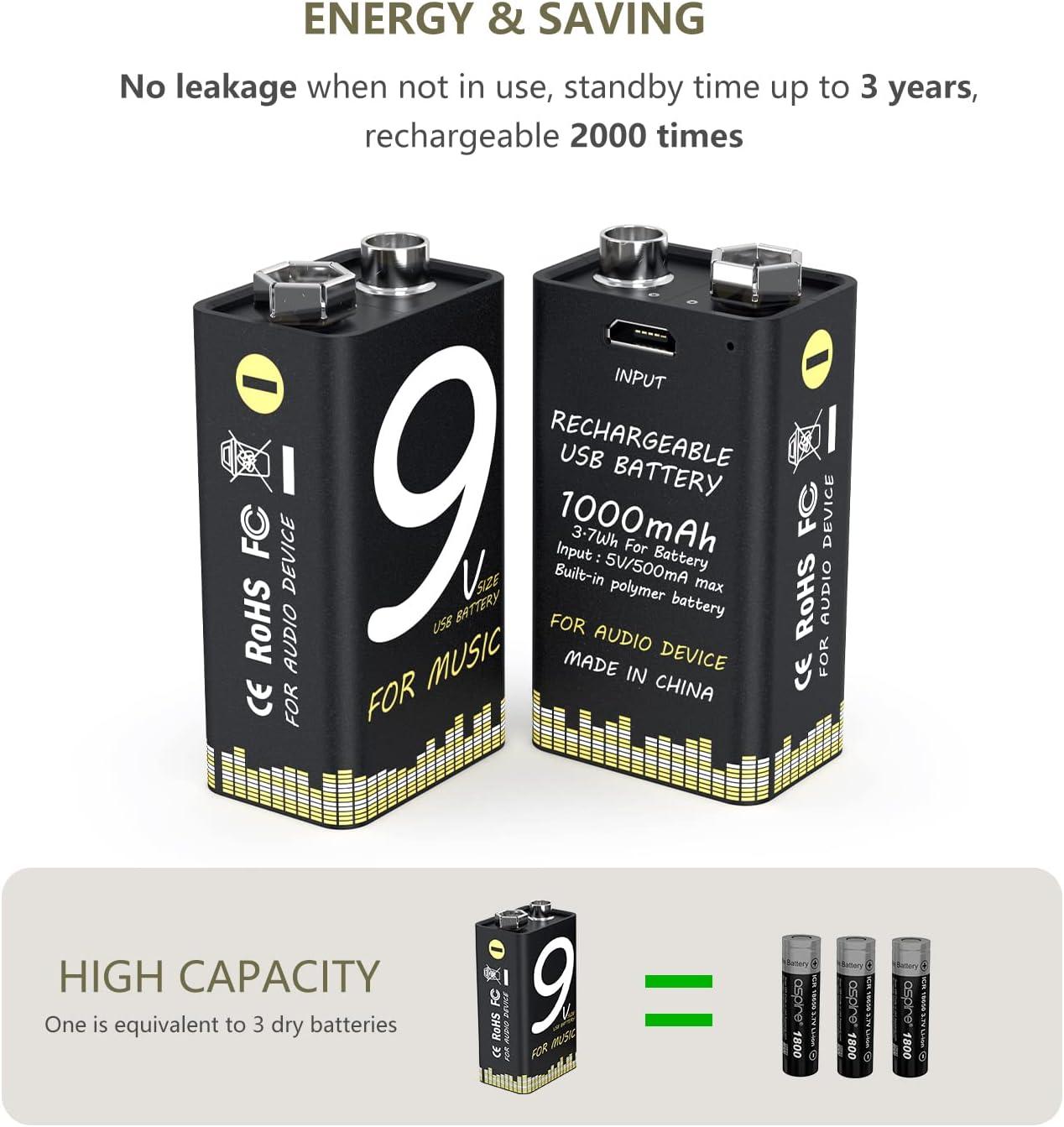 9V Battery,USB Rechargeable 9Volt Lithium Batteries 1000mAh,Long Lasting LI-ion  Batteries, No Memory Effect-with Micro Charging Cable,for Smoke A  larms,Electric Guitar,for Any Need Devices9V Battery