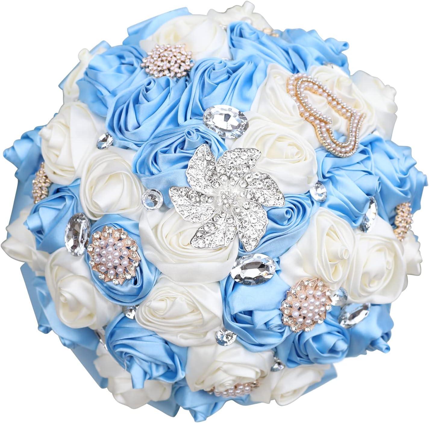 WIFELAI-A New Silk Bridal Bouquet Big Rhinestones Silk Hold Bouquet Diamond  Brooch Bride Wedding Bouquet W373B-21 Baby Blue Ivory