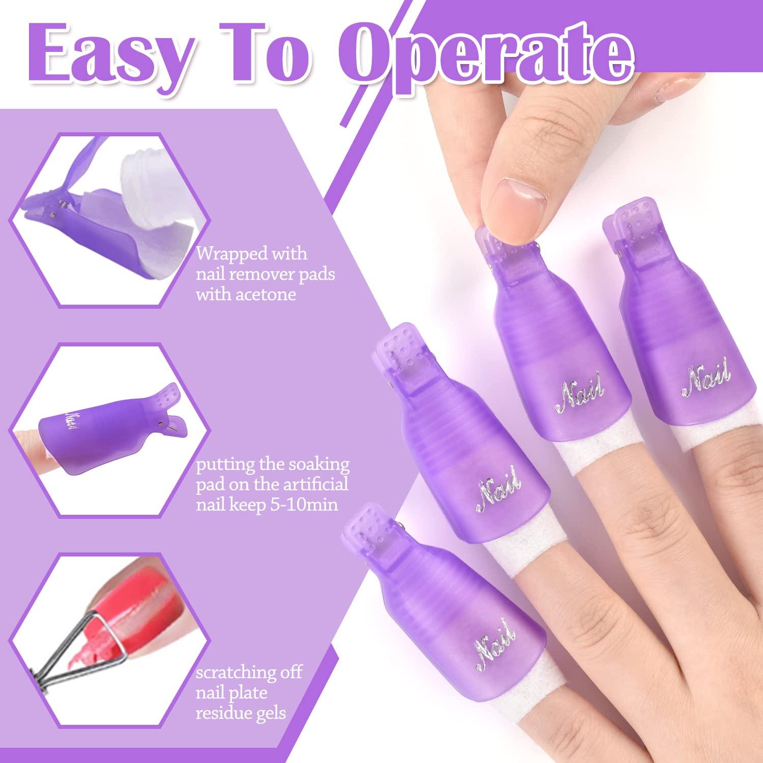 Gel Polish Remover Kit, MORGLES 10pcs Nail Remover Clips Nail Clips 300pcs  Nail Wipe Cotton Pads Nano Glass Nail File Cuticle Pusher Nail File Grit  100/180 and Brushes-Purple