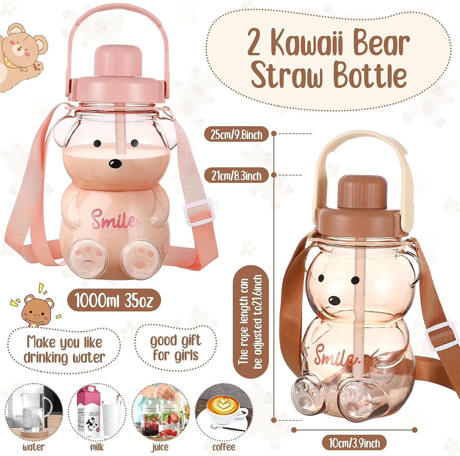 2 Pcs Cute Water Bottles Leak Proof Kawaii Bear Straw Bottle Large Capacity  Bear Cup with