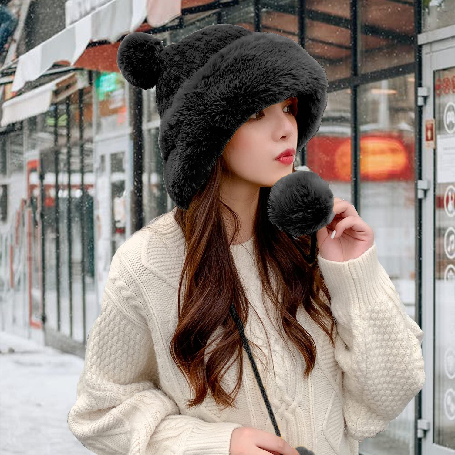 Peicees Winter Fluffy Hats for Women Bomber Hat Warm Knit Beanie