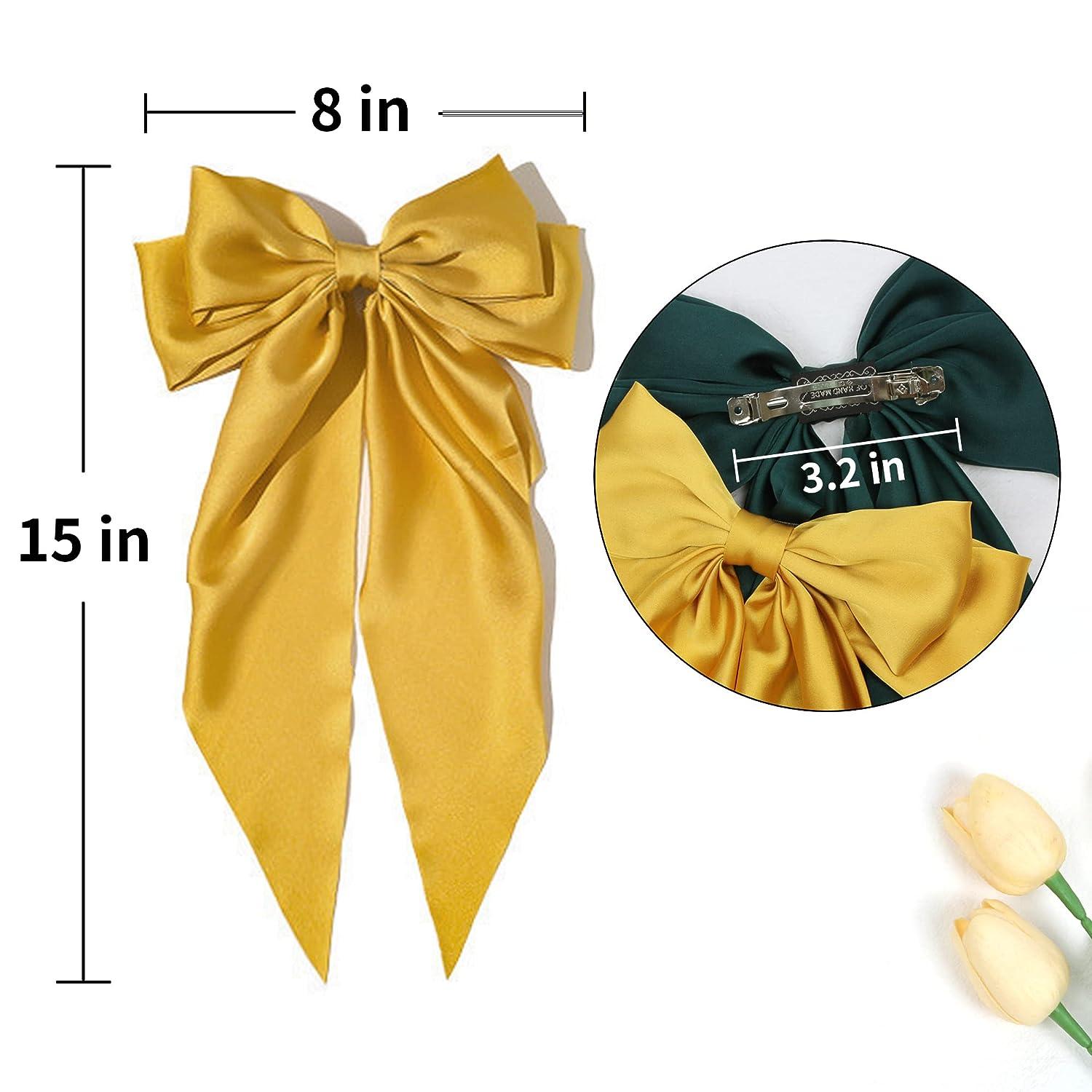 Silky Satin Hair Barrettes Clip for Women Large Bow Hair Slides Metal Clips  French Barrette Long Tail Soft Plain Color Bowknot Hairpin Holding Hair  90's Accessories 4 PCS (Pink Green Yellow Champagne)