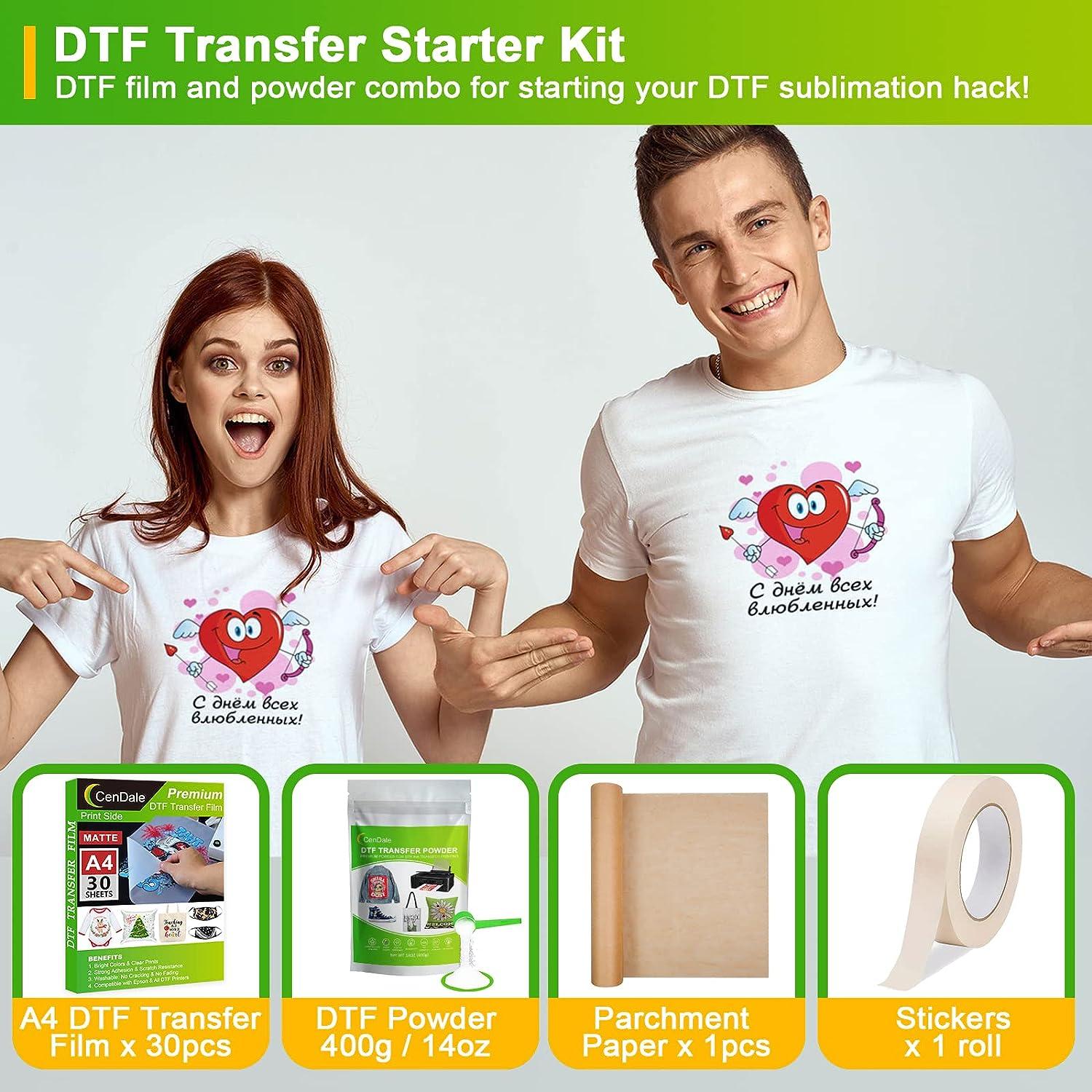 DTF Transfer Powder Film Kit for DTF Sublimation Printer DTF Starter Kit  Include 17.6oz White Digital Transfer Hot Melt Adhesive and 30 Sheets