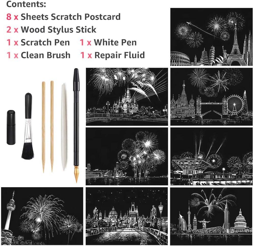 Scratch Art Paper, Rainbow Night View Scratchboard Pads for Adults and  Kids, Mini Envelope Postcard Art & Crafts Set: 12 Sheets Scratch Cards 
