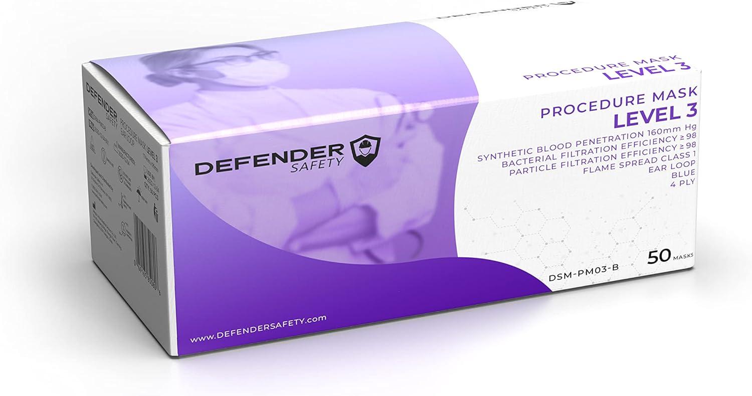 Defender Safety- ASTM Level 3 4 Layer 99% PFE Medical Grade Procedure Face  Mask (50 Pack)