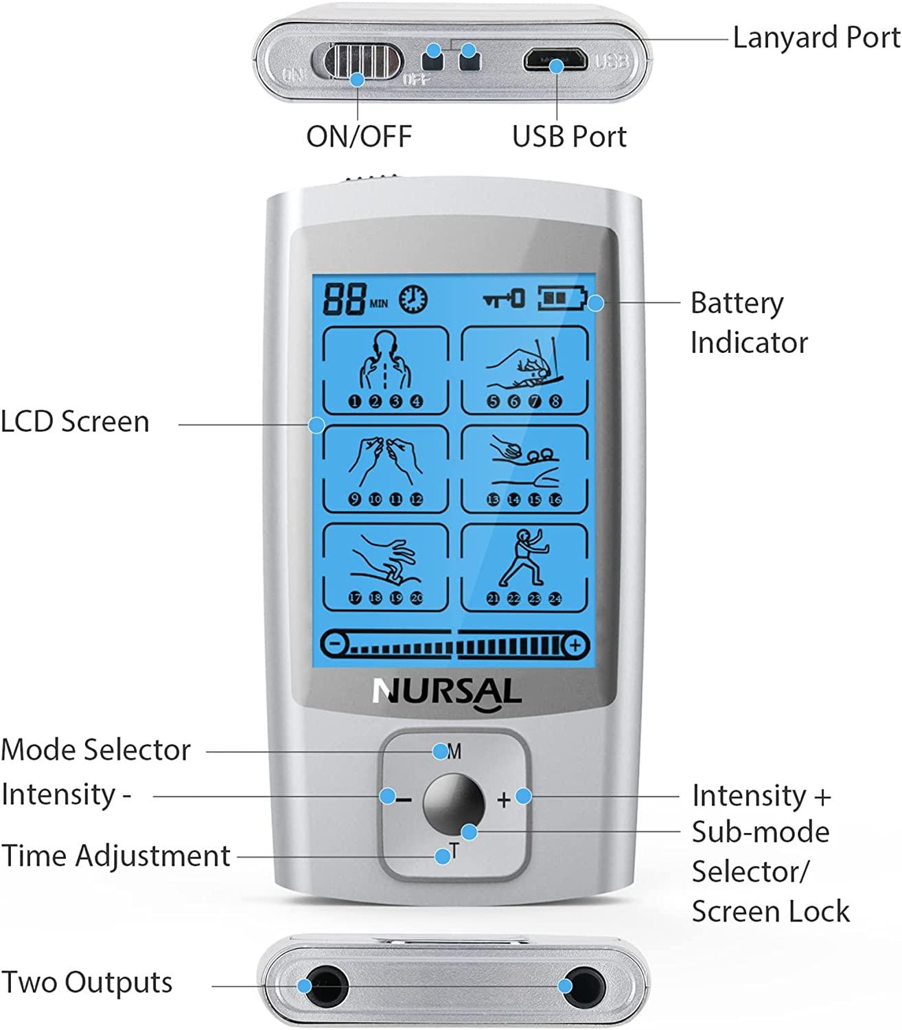 [24 Modes] NURSAL AS1080 Dual Channel TENS EMS Unit Muscle Stimulator