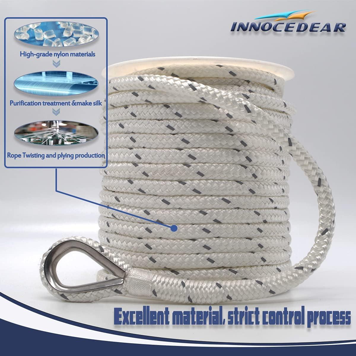 INNOCEDEAR Double Braided Nylon Anchor Rope(White Reflective, 3/8 x 100', 1/2 150') Anchor Line/Boat Anchor Rope with Stainless Steel Thimble,  Quality Marine Rope, Boat Accessories 100FT