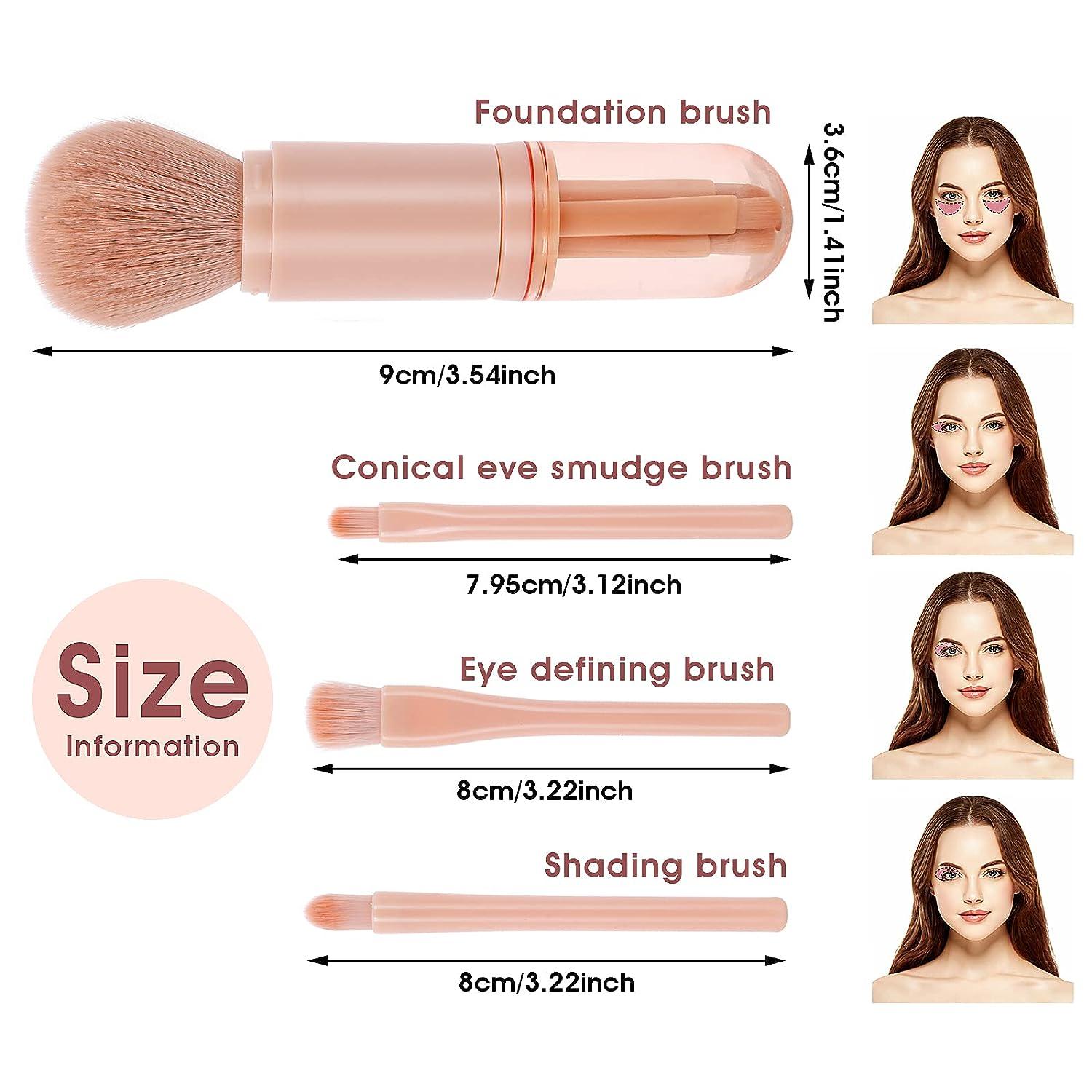 Small Makeup Brush Set Pink - 4 in 1 Portable Travel Lip Brush, Highlight  Brush, Eyeshadow Brush, Foundation Blending Powder Brush Retractable Mini