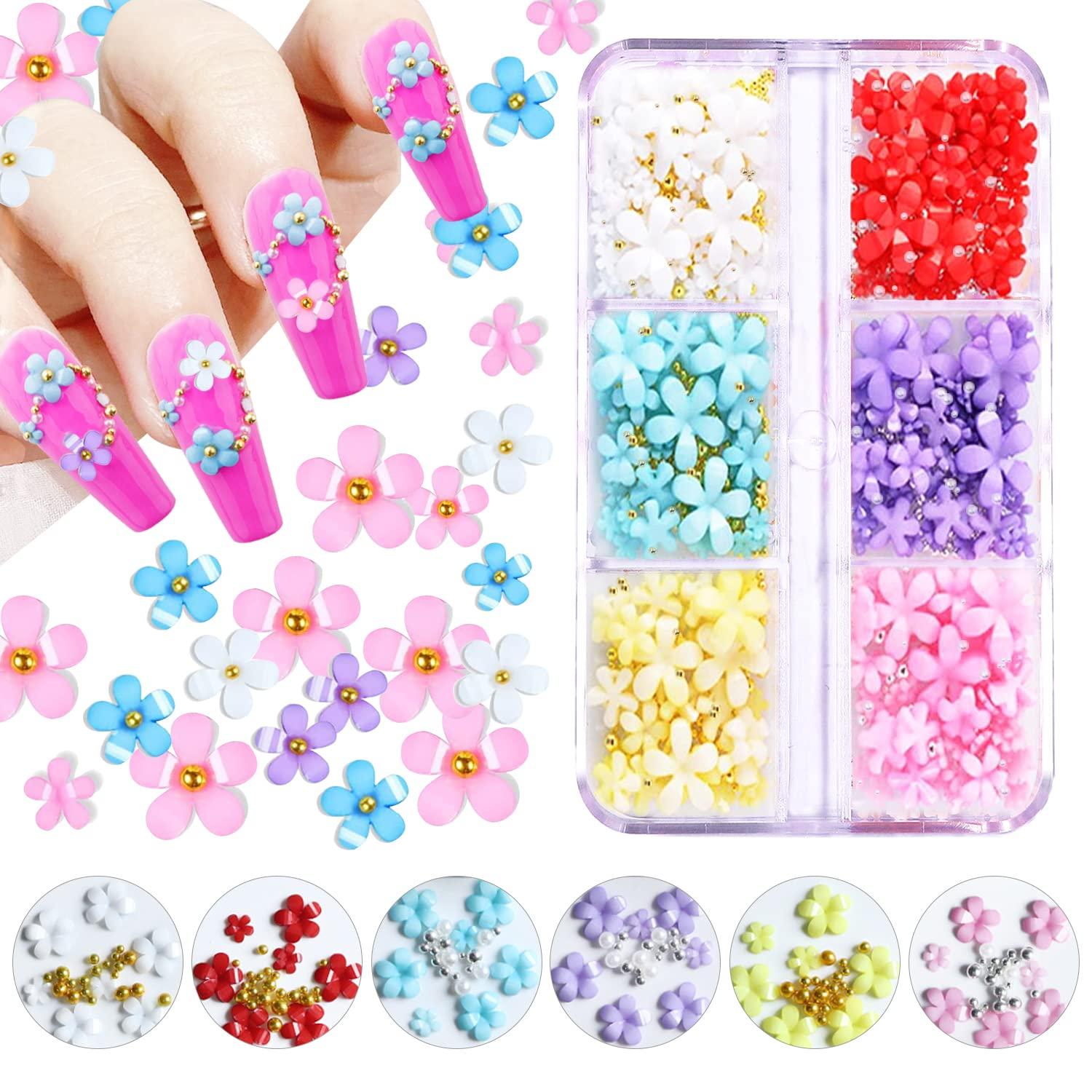  3D Flower Nail Charms, 6 Grids Acrylic Flower for Nails Art Decals  Charms with White Gold Pearl Blossom Caviar Beads Flores, Nail Art Design  for DIY Jewelry Craft Decorations Manicure Accessories 