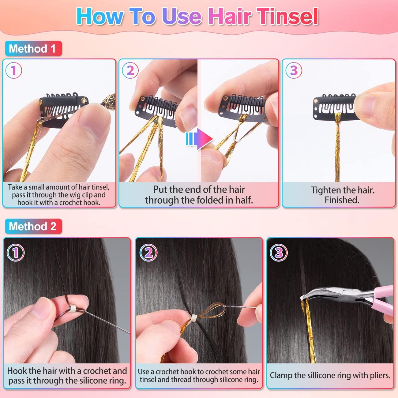 Hair Tinsel Kit, 20 Colors Tinsel Hair Extensions with Tools, Glittery Fairy Hair Heat Resistant Sparkingly Hairpiece for Party Halloween Christmas