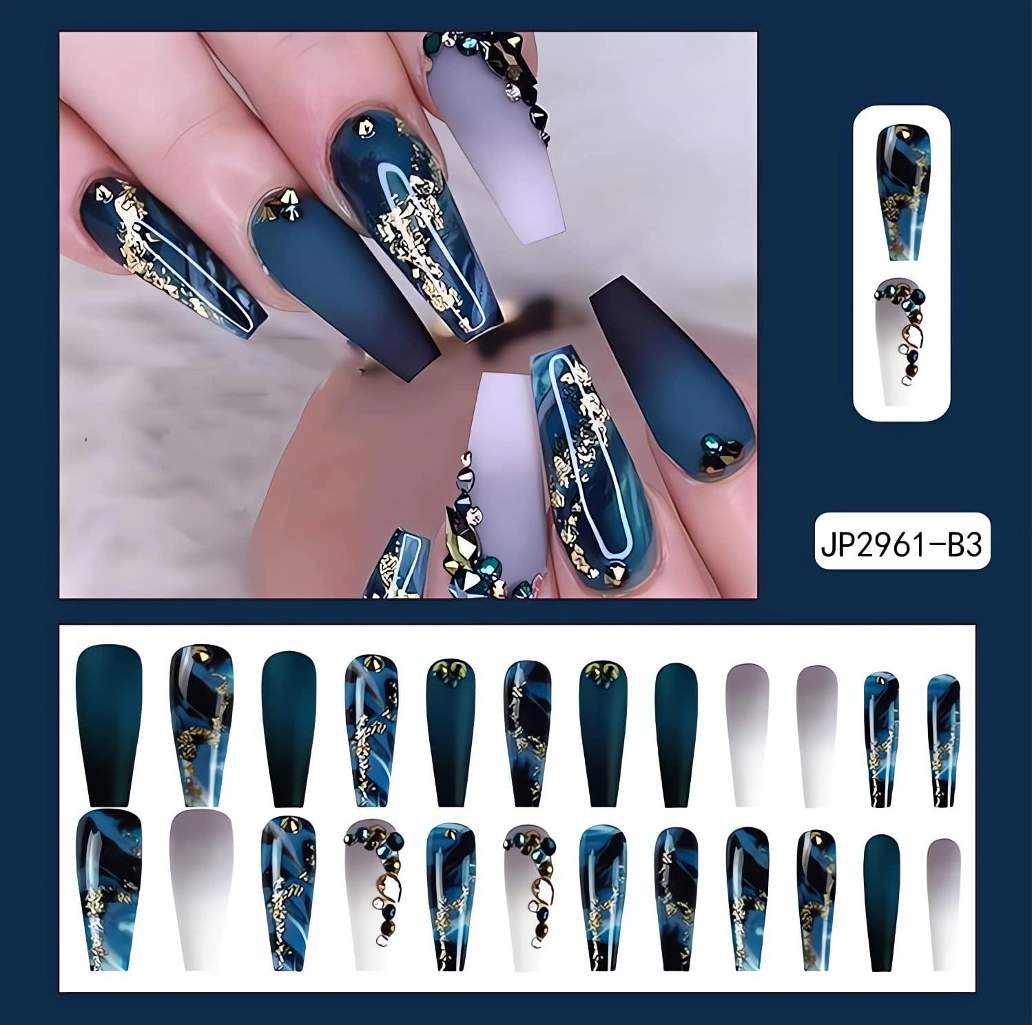 Coffin Long False Nail Glitter Blue French Press on Nails for Nail Art  24pcs