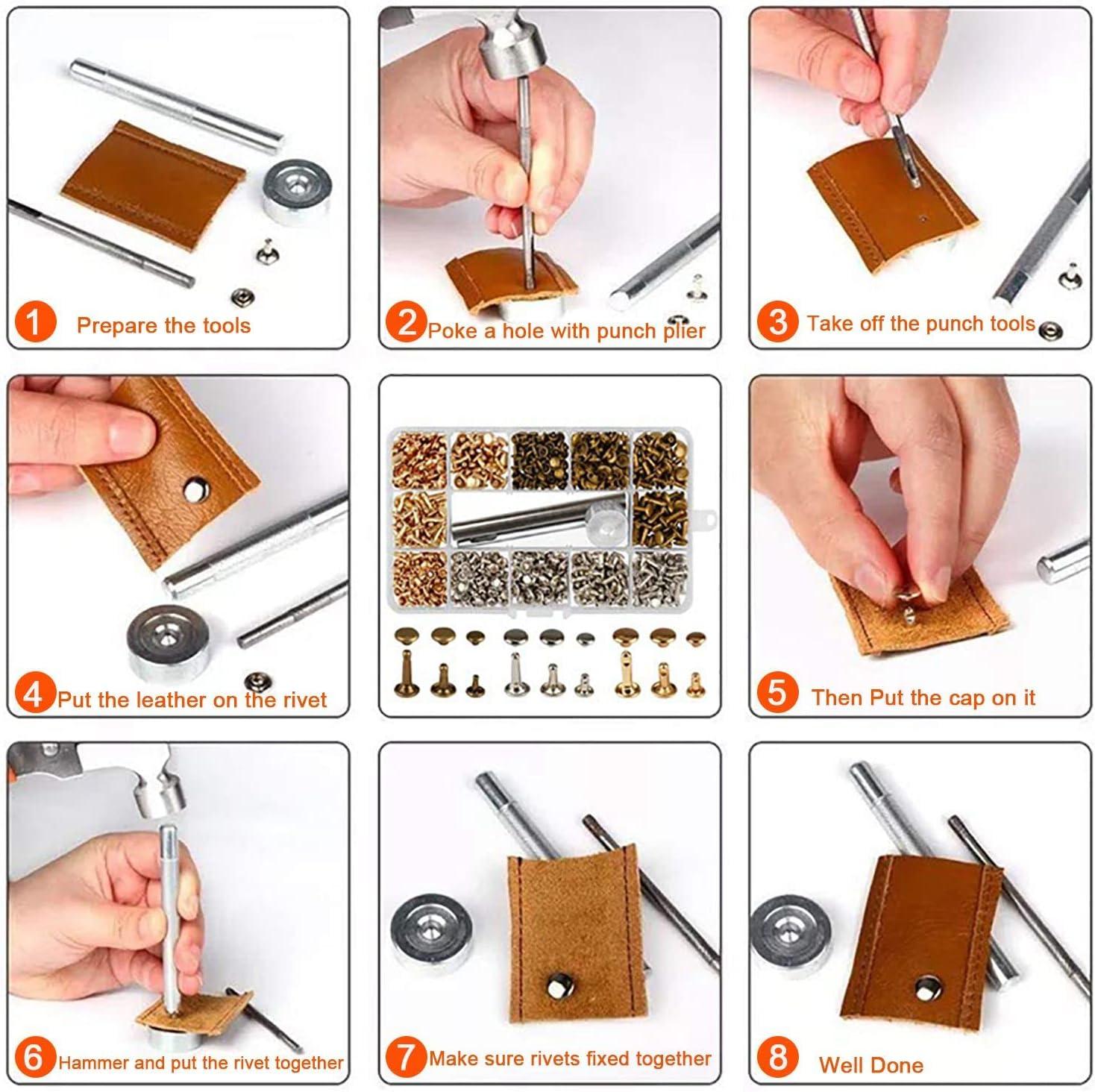 Jetmore 420 Sets Leather Rivets Kit, Double Cap Brass Rivets Leather Studs with 3pcs Setting Tools for Leather Repair and Crafts, 4 Colors and 3 Sizes