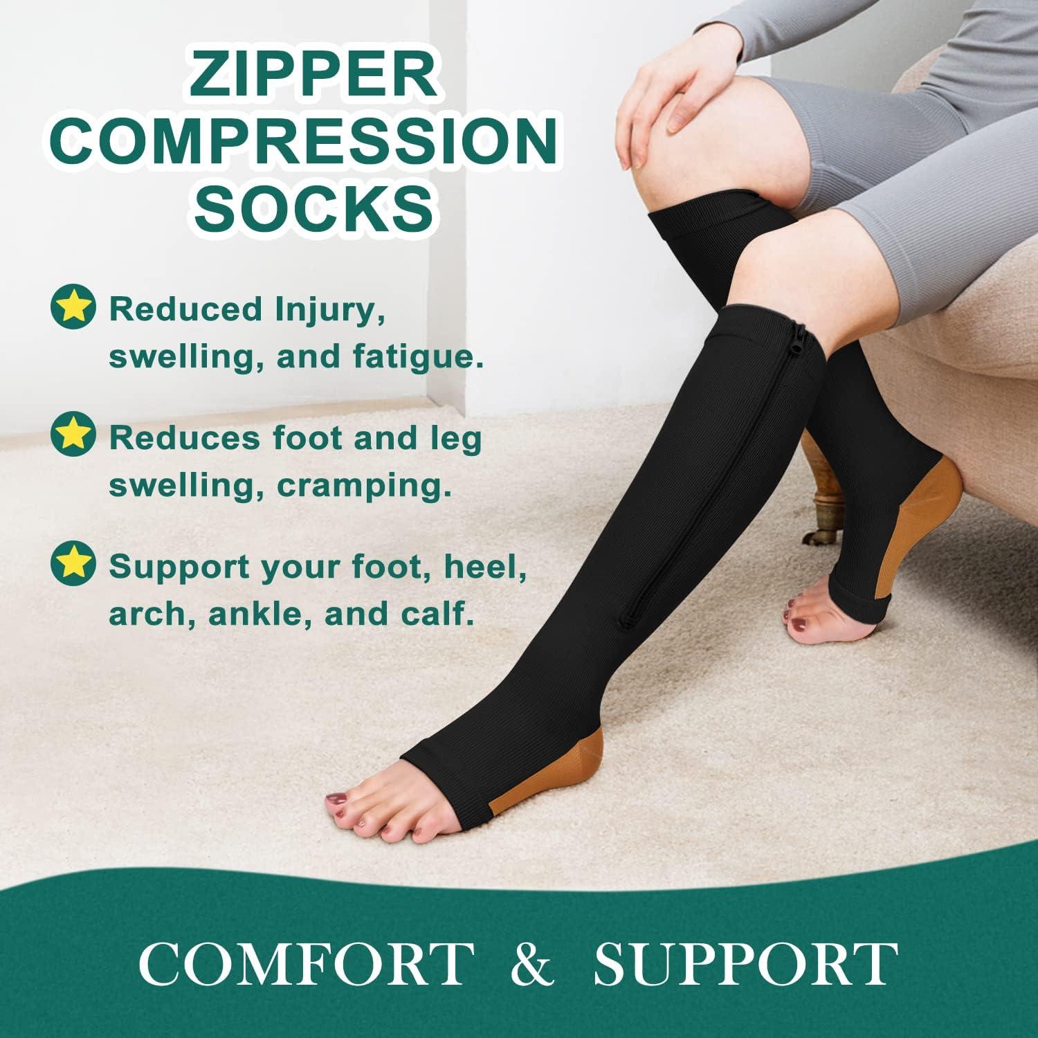2 Pairs Copper Zipper Compression Socks 15-20mmgh-Calf Knee High Open Toe  Support Stocking Compression Stocking 01-copper Black Small-Medium