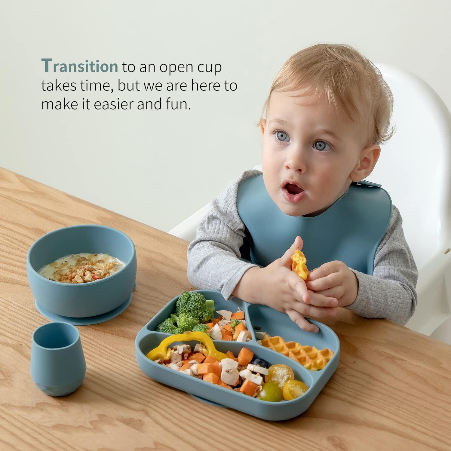 SAMiGO Silicone Baby Feeding Set, Baby Led Weaning Supplies, Suction Plate,  Bowl, Spoons, Food Bib, Cup, First Stage Self Eating Utensils, 6+ Months