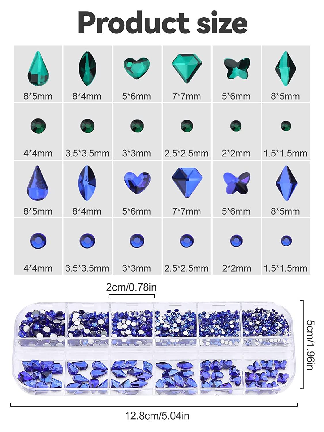 Kalolary Green Nail Rhinestones, Blue Crystal Gems Charm Nail Diamond 3D  Flat Back Multi Shapes Stone with Tweezer and Picker for Summer DIY Acrylic  Nail Art Decoration Green+Blue