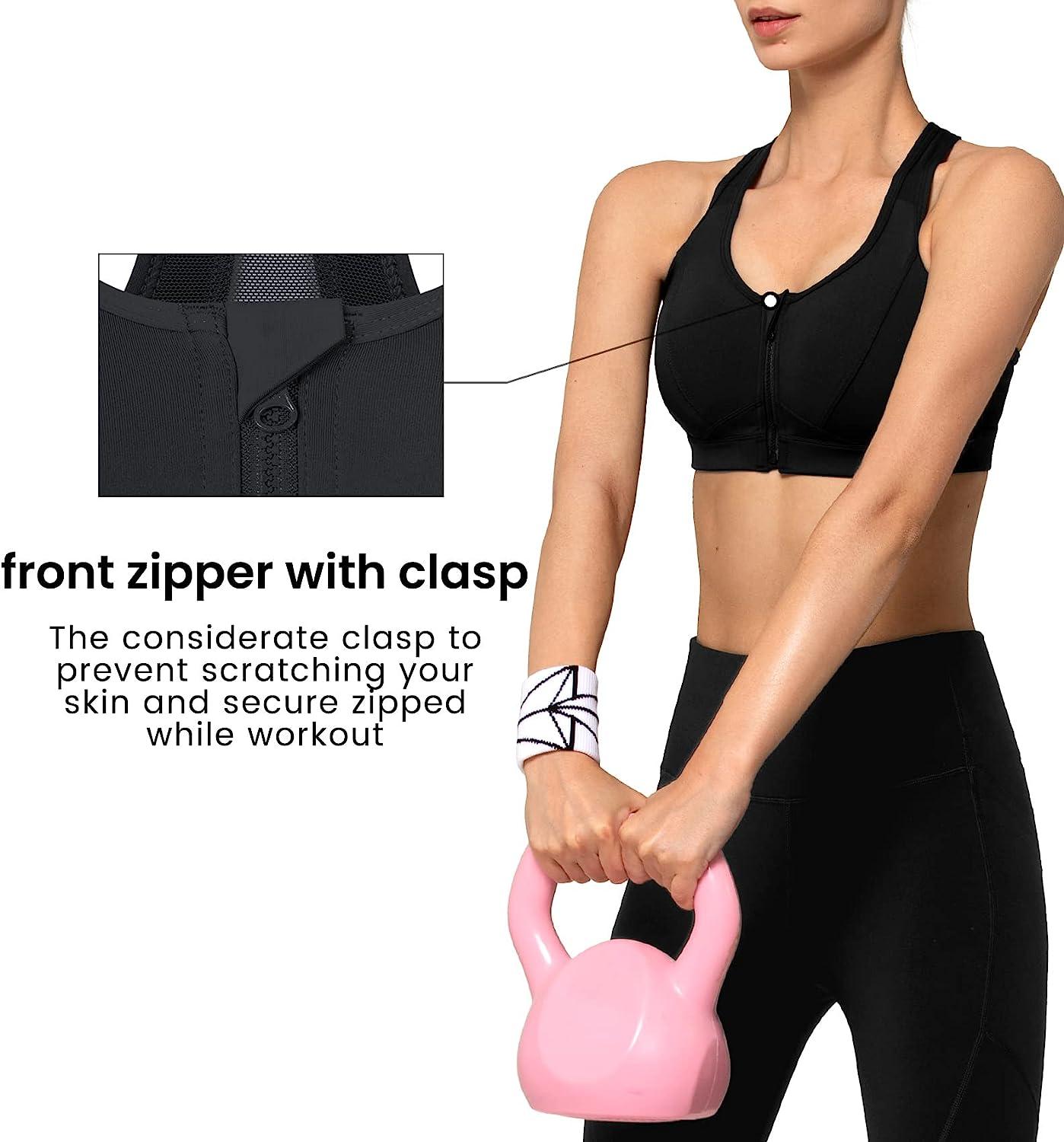  Zipper Front Sports Bras for Women High Impact Adjustable  Supportive Workout Bras Back Strappy Padded Bra for Gym Fitness Black :  Clothing, Shoes & Jewelry