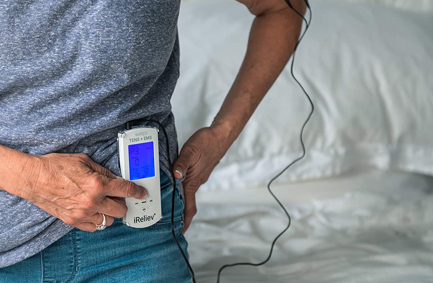 fda cleared ireliev tens unit + ems 14 therapy modes, premium pain relief  and recovery system, rechargeable, large back lit display, large and small