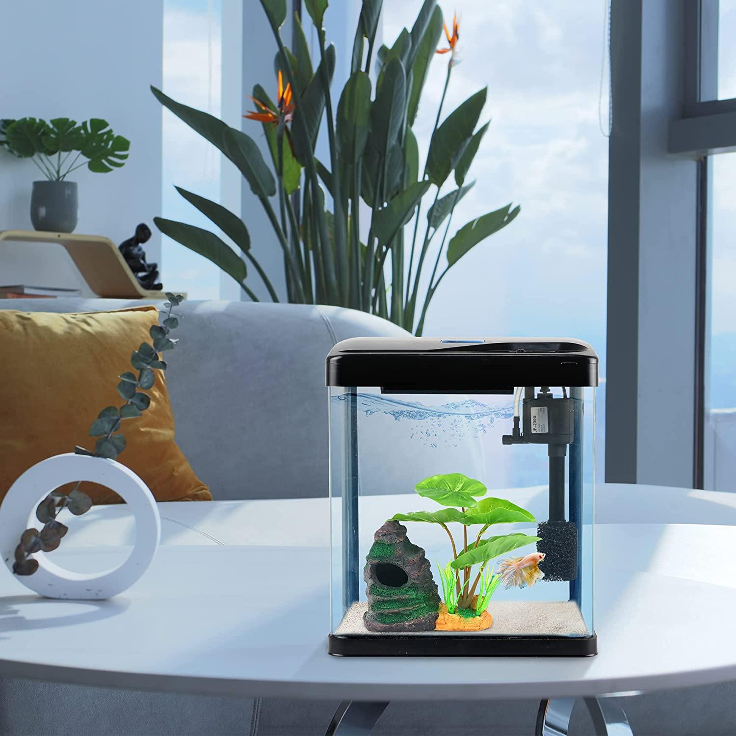Fish Tank, 3 Gallon Glass Aquarium with Air Pump, LED Cool Lights and  Filter, Small Fish Tank for Betta Fish Starter Kit (Black)
