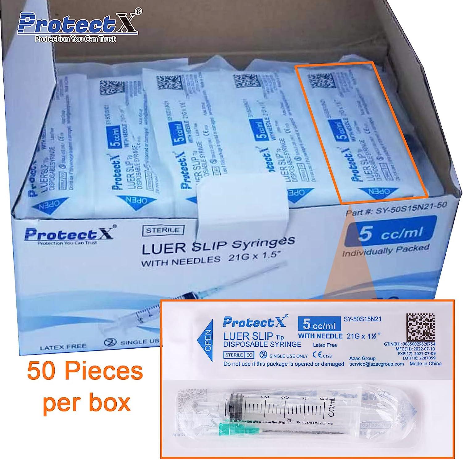 ProtectX 5ml Disposable Luer Slip Sterile Syringe with 21Ga 1.5 Needle,  Individually Sealed, Smooth and Accurate Dispensing for Science Labs,  50-Pack 5 ml Luer Slip w/ Needle 50-Pack