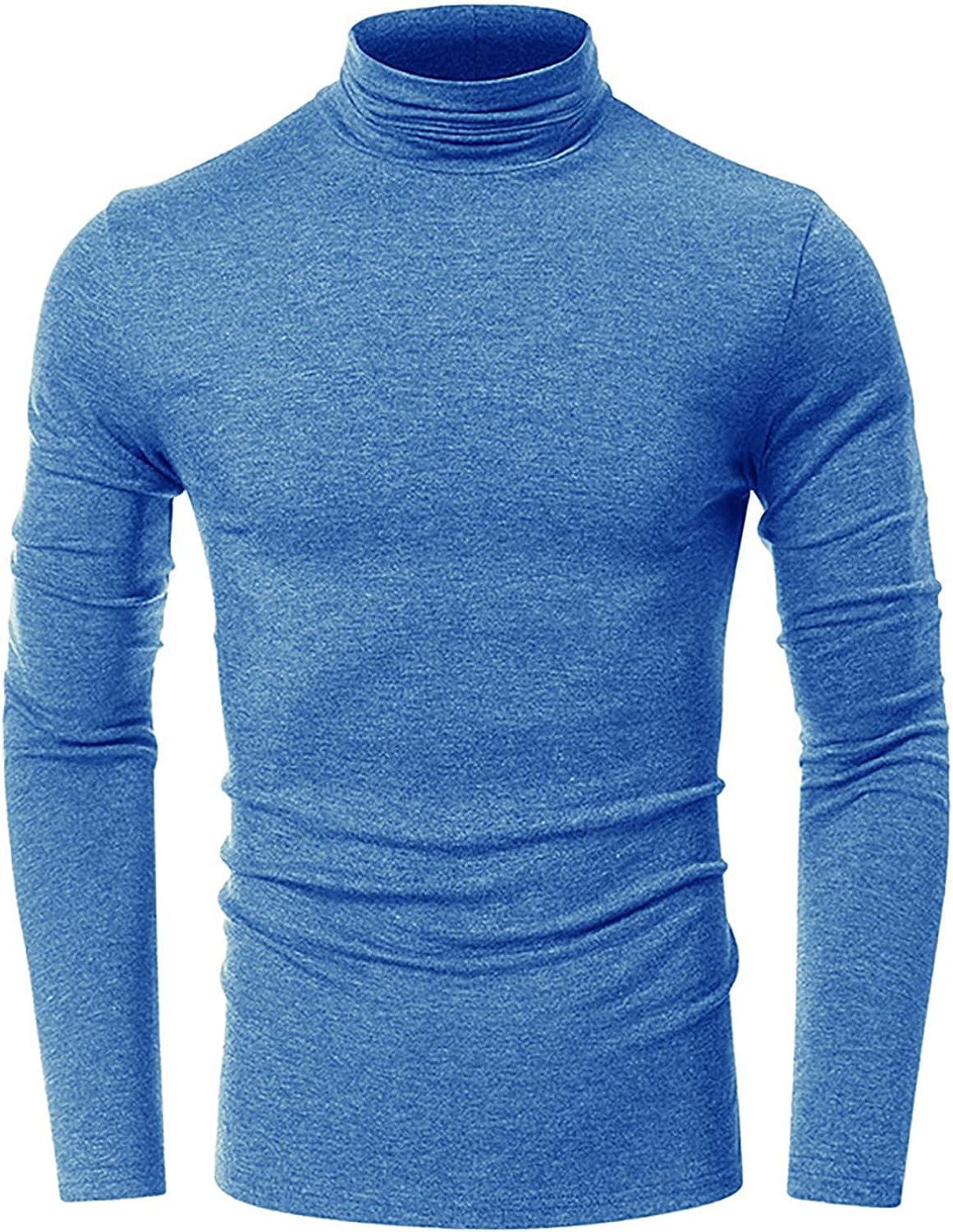 FFNMZC Men's Autumn Pullover Solid Long Sleeve Shirts High Collar Pullover  Muscle Workout Athletic Shirts Comfort Flex Shirt X-Large Light Blue