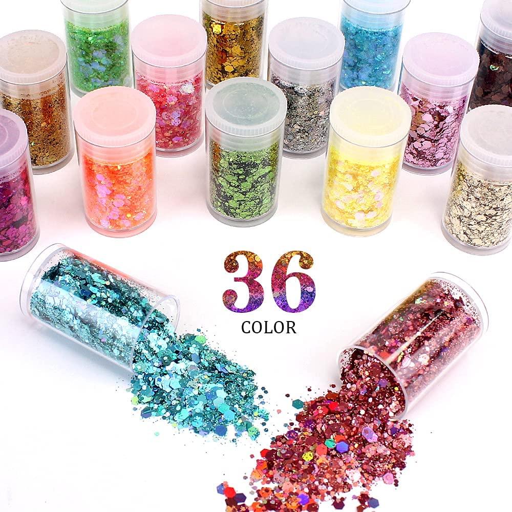  Extra Fine Glitter, Set of 36 Colors Holographic Cosmetic  Glitter, Body Nail Arts Face Hair Eye Lip Gloss Makeup Glitter, Slime,  Tumbler and Epoxy Resin Crafts Loose Glitter Powder Shaker 