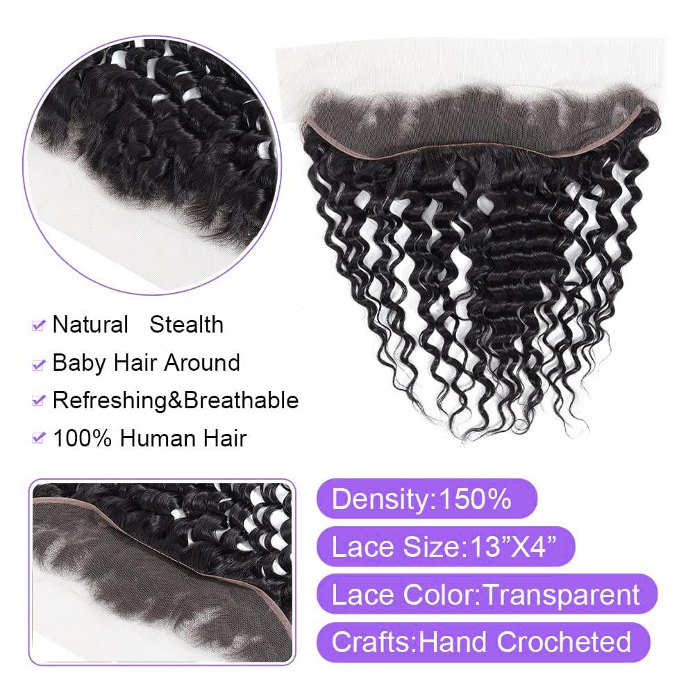 deep Wave Frontal Closure 13x4 Transparent Lace Frontal Closure 150%  Density Brazilian Human Hair 13x4 Ear to Ear Full Lace Frontal Closure  Pre-Plucked with Baby Hair Natural Black Color(16inch) 16 Inch 13x4