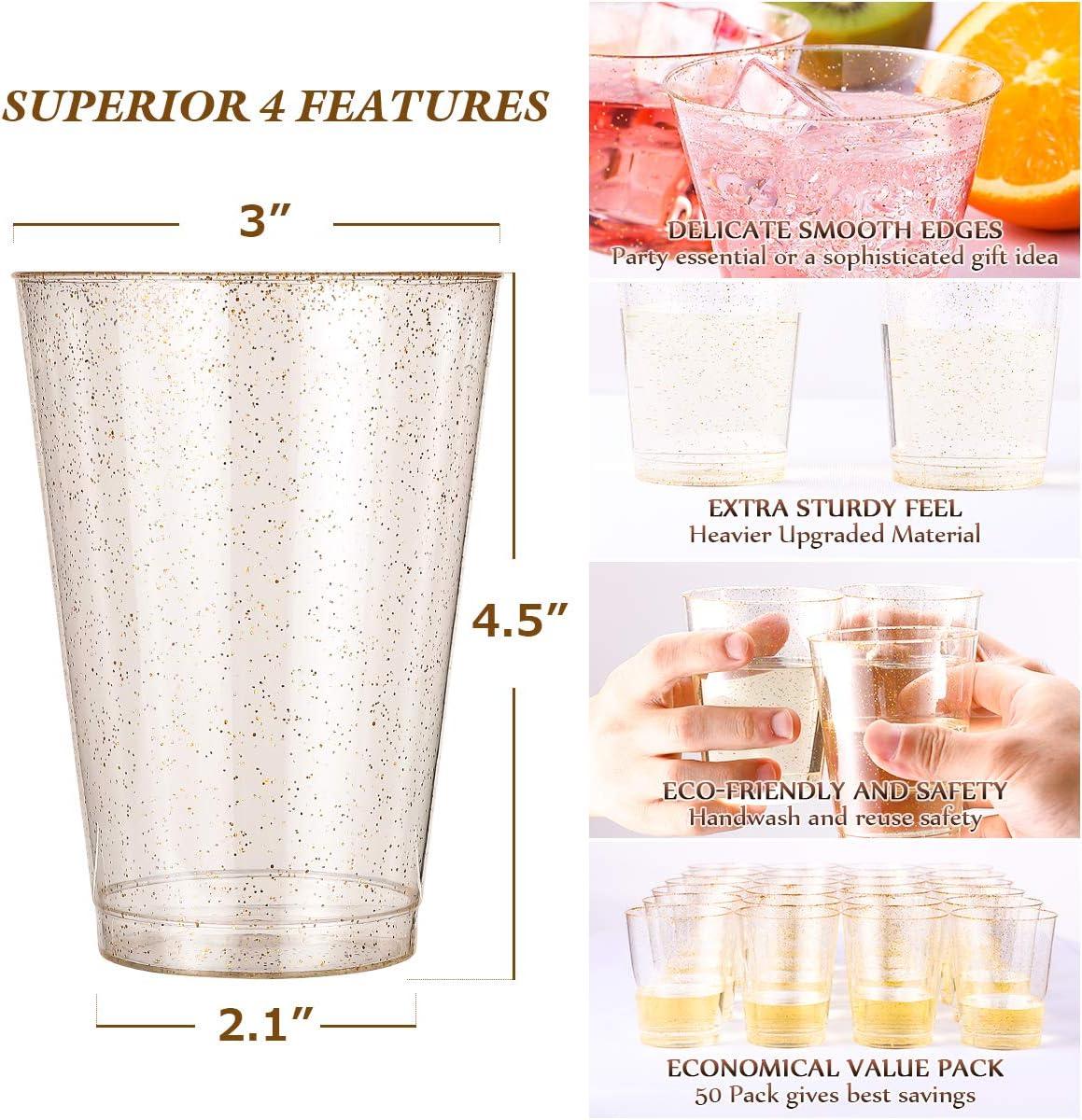 Exquisite 120 Count 10 oz Gold Glitter Clear Plastic Cups Tumblers - Hard Plastic Disposable Cups for Wedding Glasses - Plastic Party Cups for