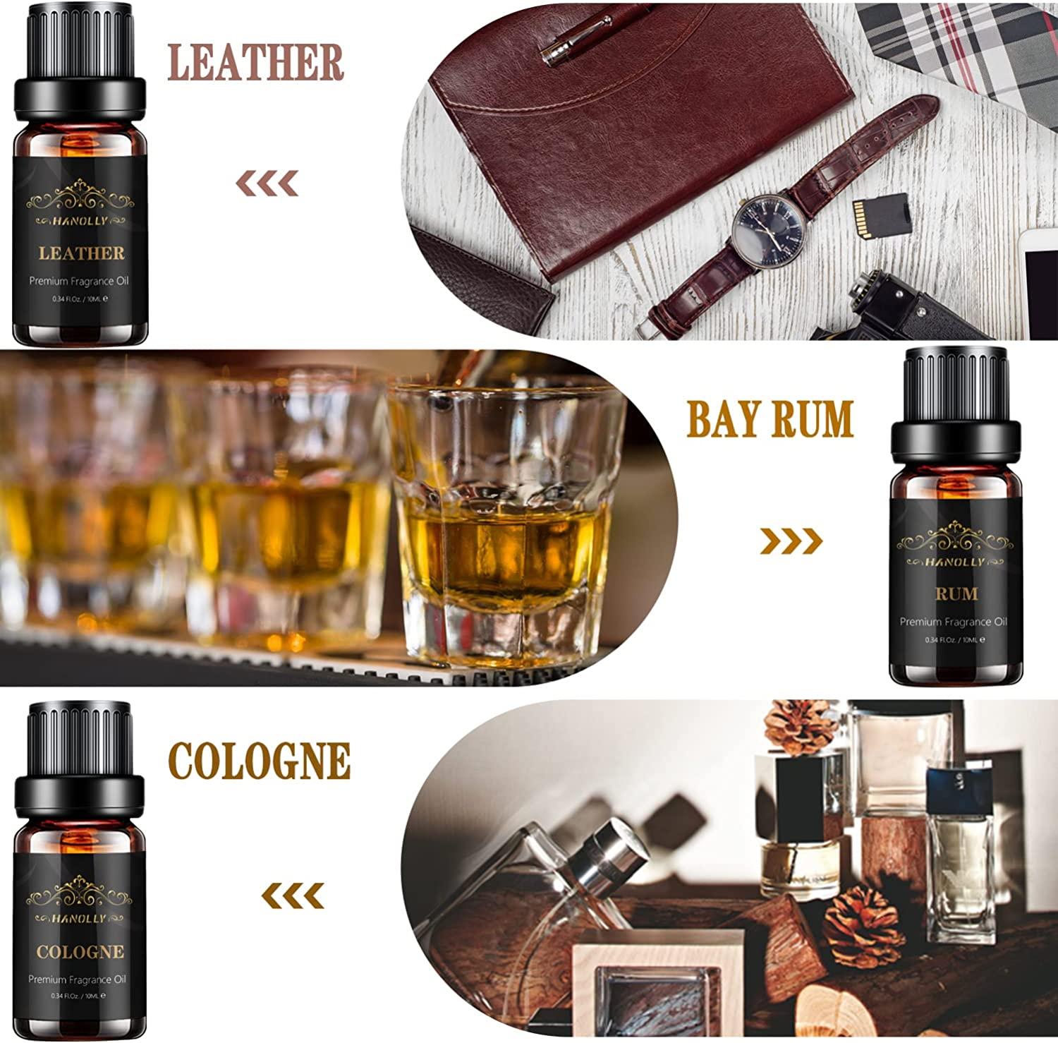 Mens Essential Oils Set - TOP 6 Gentlemen's Fragrance Oil for Diffuser,  Candle & Soap Making - Sandalwood, Cologne, Black Cedar, Leather, Sweet