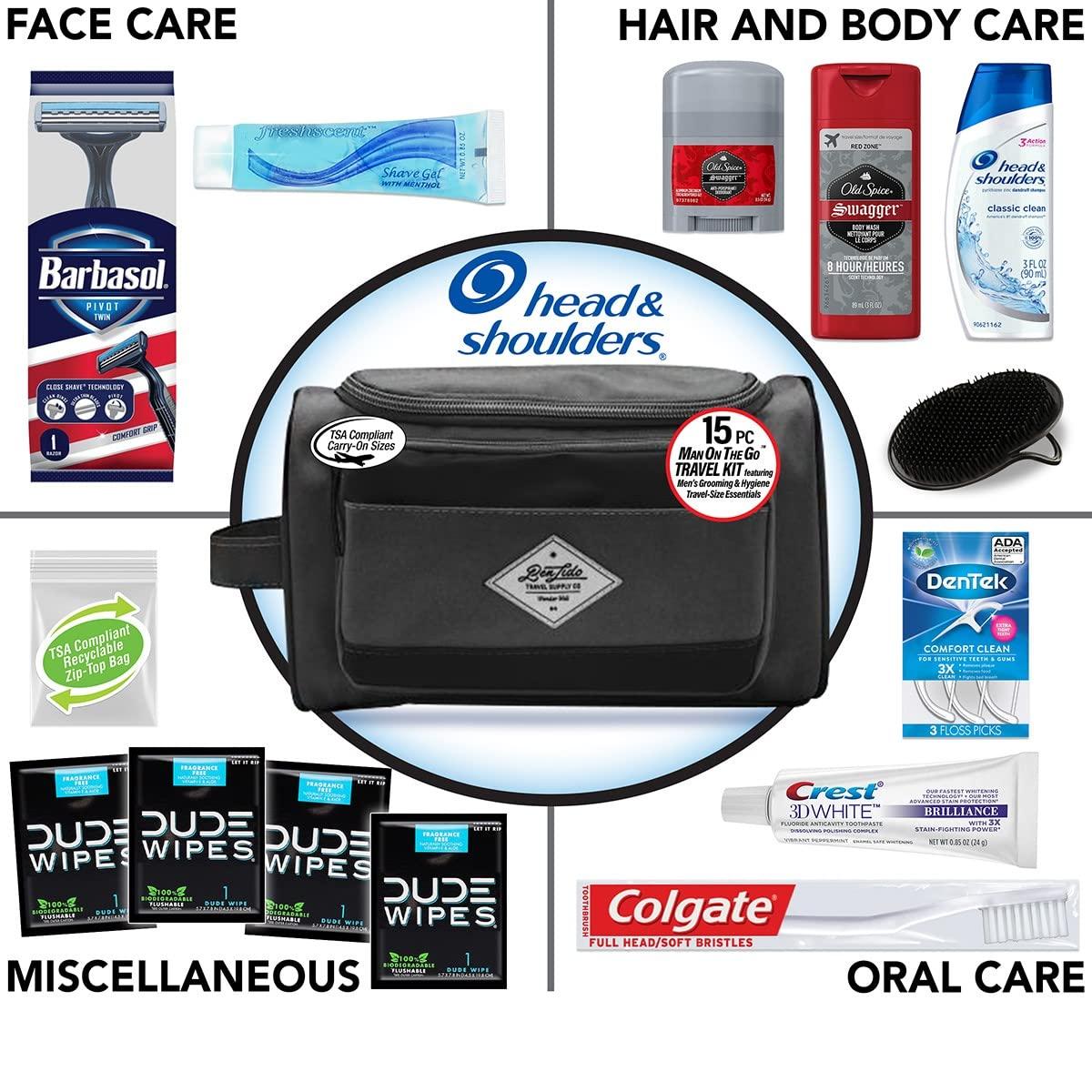 Convenience Kits International Men's Premium 15-Piece Kit wth Travel Size  TSA Compliant Essentials, Featuring: Head & Shoulders Dandruff Shampoo  Classic Clean and Palm Scalp Brush in Black Dopp Bag 15 Piece Set