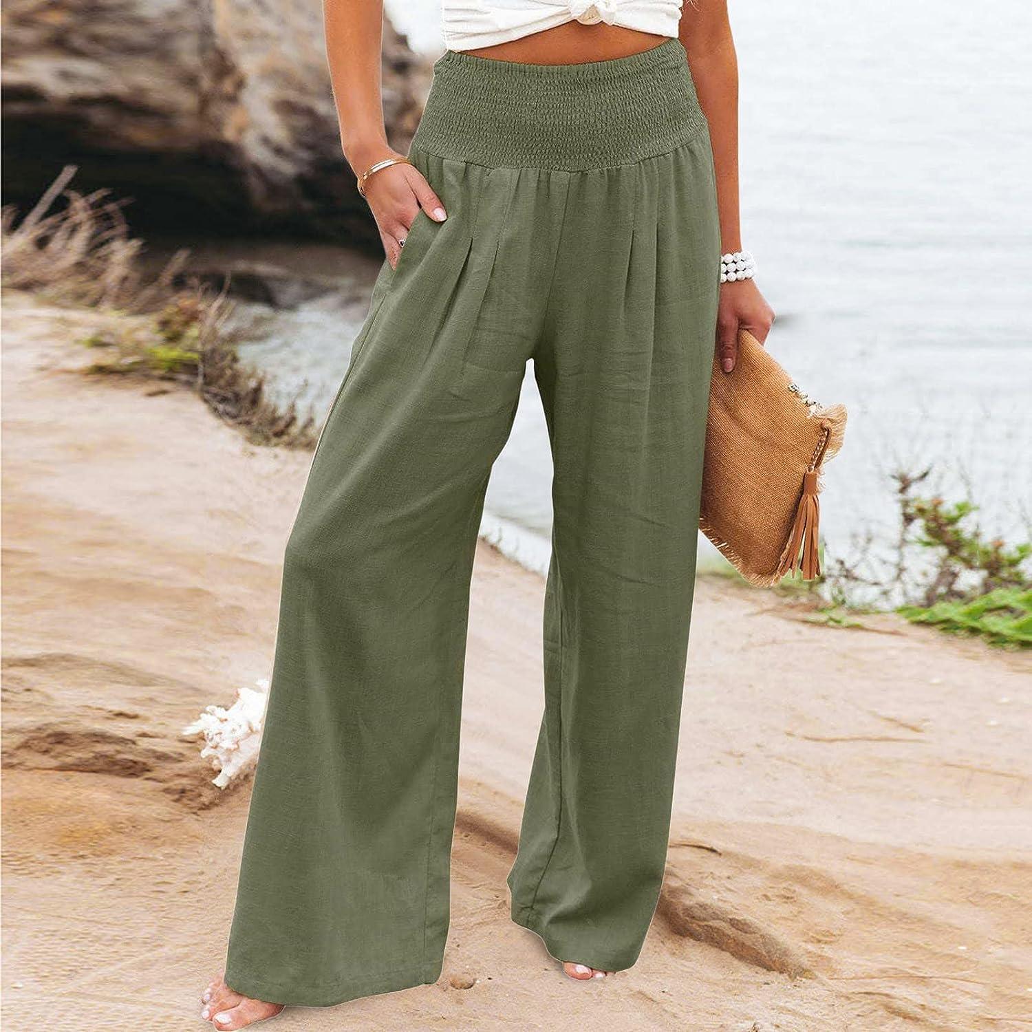 Women's Summer Linen Cotton Loose Elastic Waist Straight Trousers Casual  Pants 